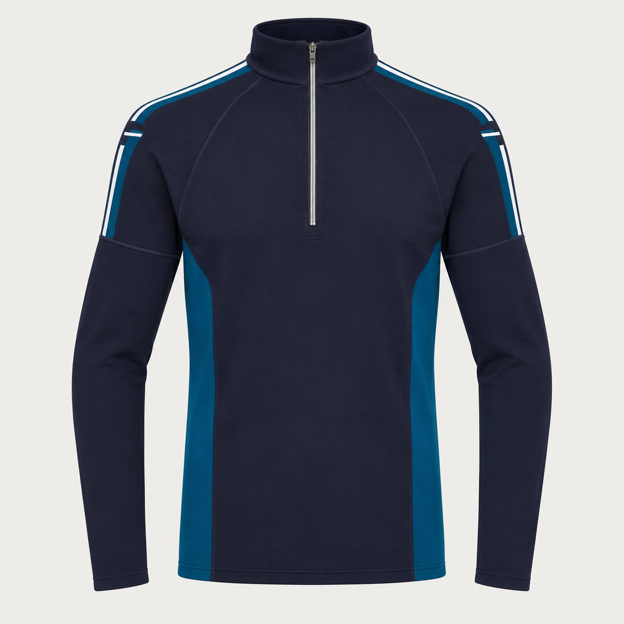 Newland mens Jerry’s Jungle Half Zip in Navy - front. AI-generated from supplied artwork.
