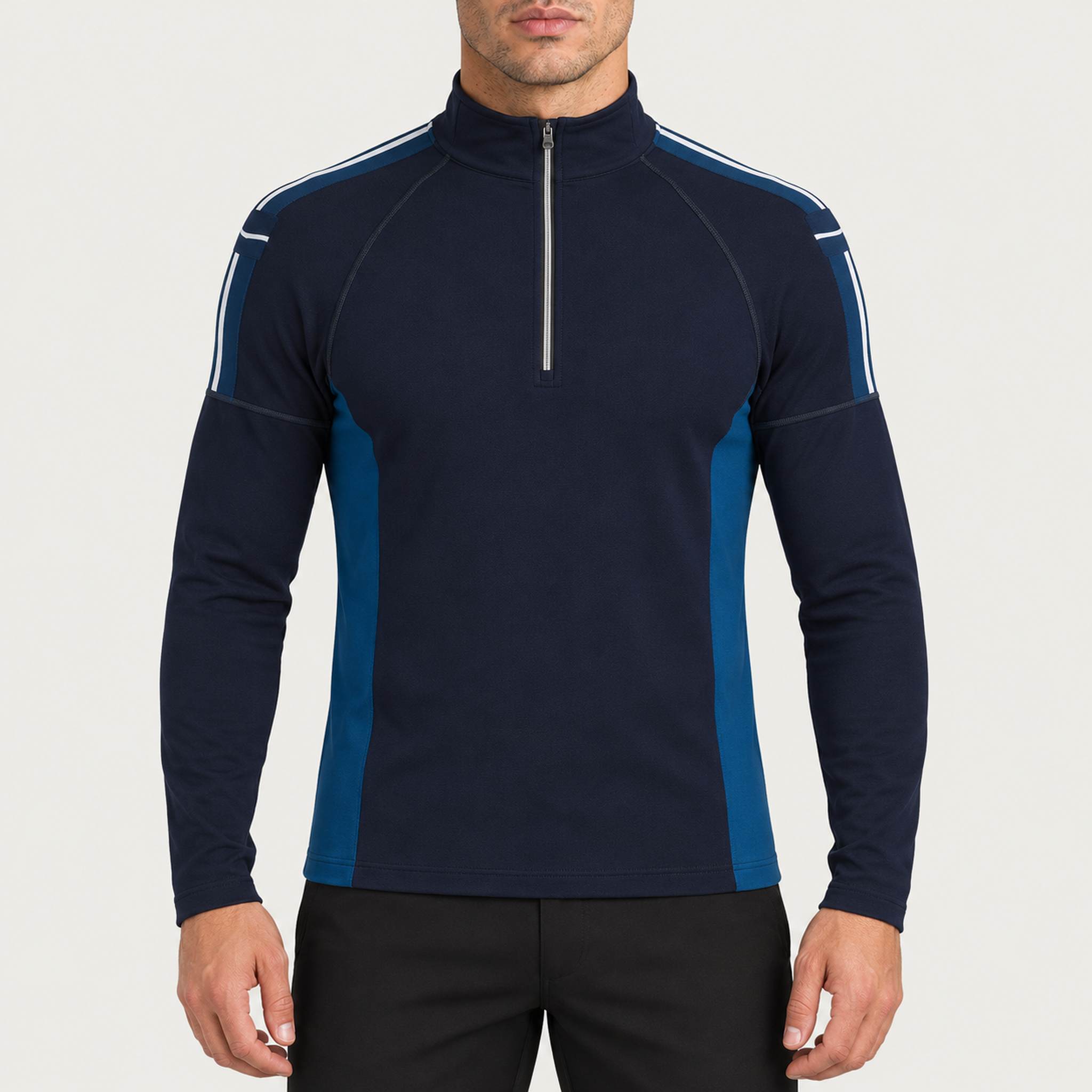 Newland mens Jerry’s Jungle Half Zip in Navy - model front. AI-generated from supplied artwork.