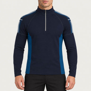 Newland mens Jerry’s Jungle Half Zip in Navy - model front. AI-generated from supplied artwork.