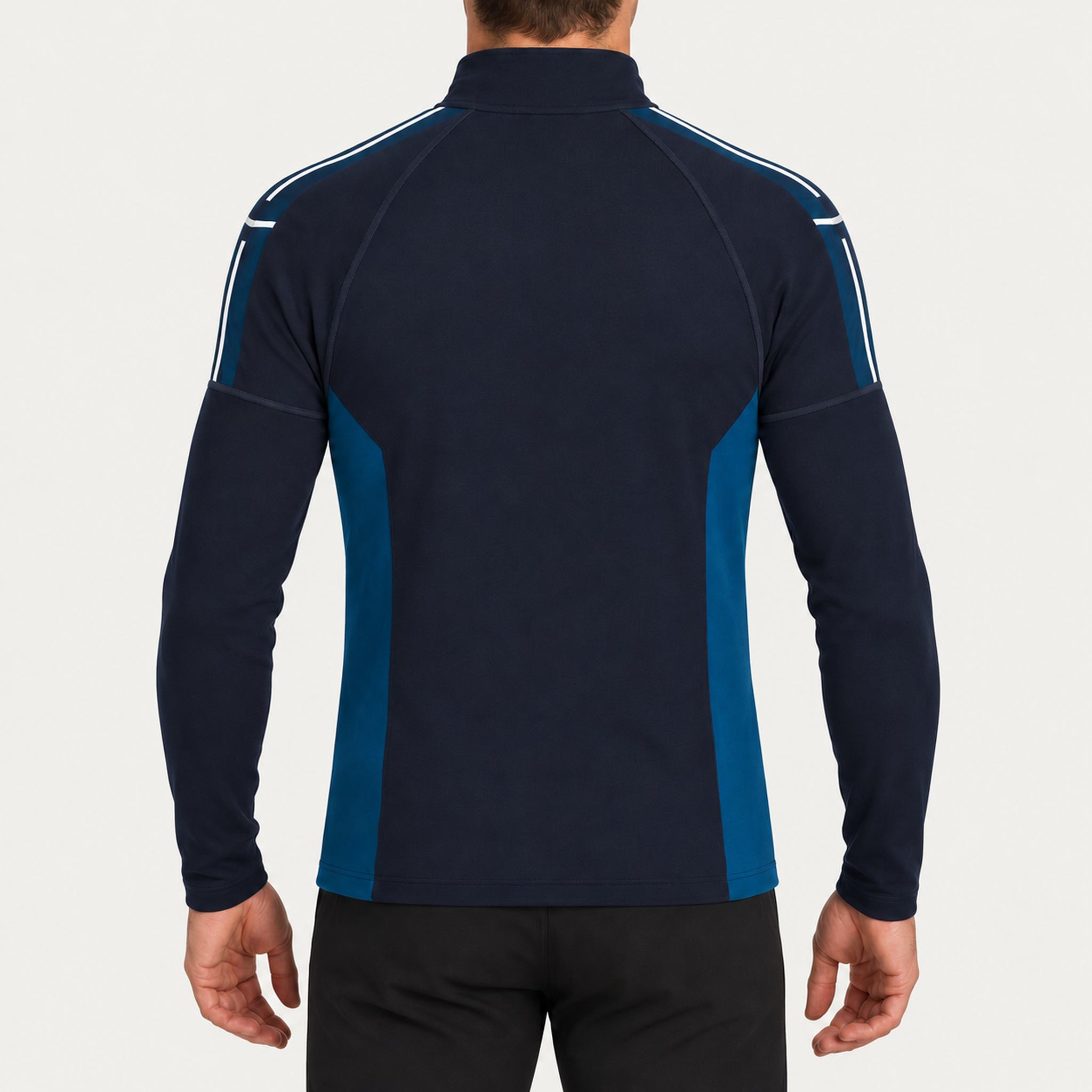 Newland mens Jerry’s Jungle Half Zip in Navy - model back. AI-generated from supplied artwork.