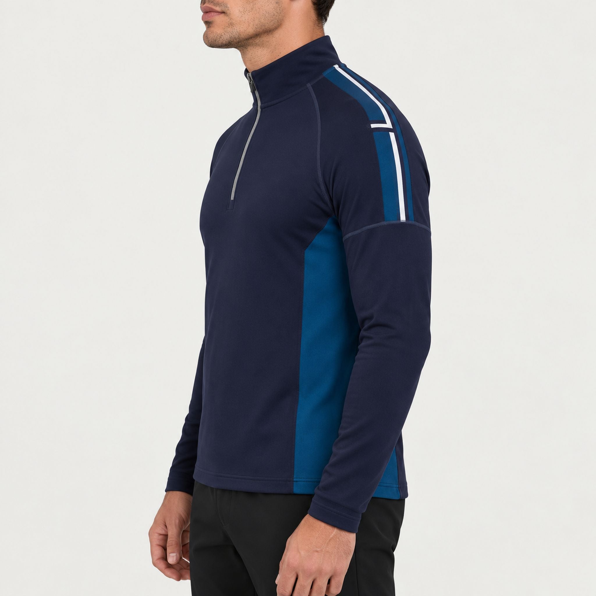 Newland mens Jerry’s Jungle Half Zip in Navy - model side. AI-generated from supplied artwork.