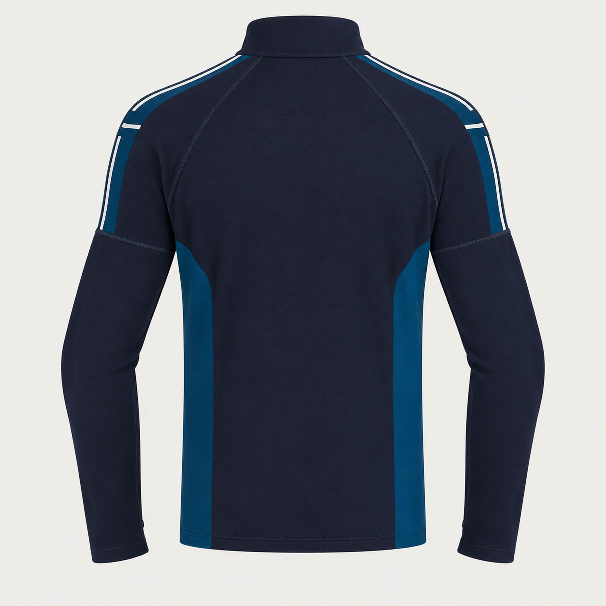 Newland mens Jerry’s Jungle Half Zip in Navy - back. AI-generated from supplied artwork.