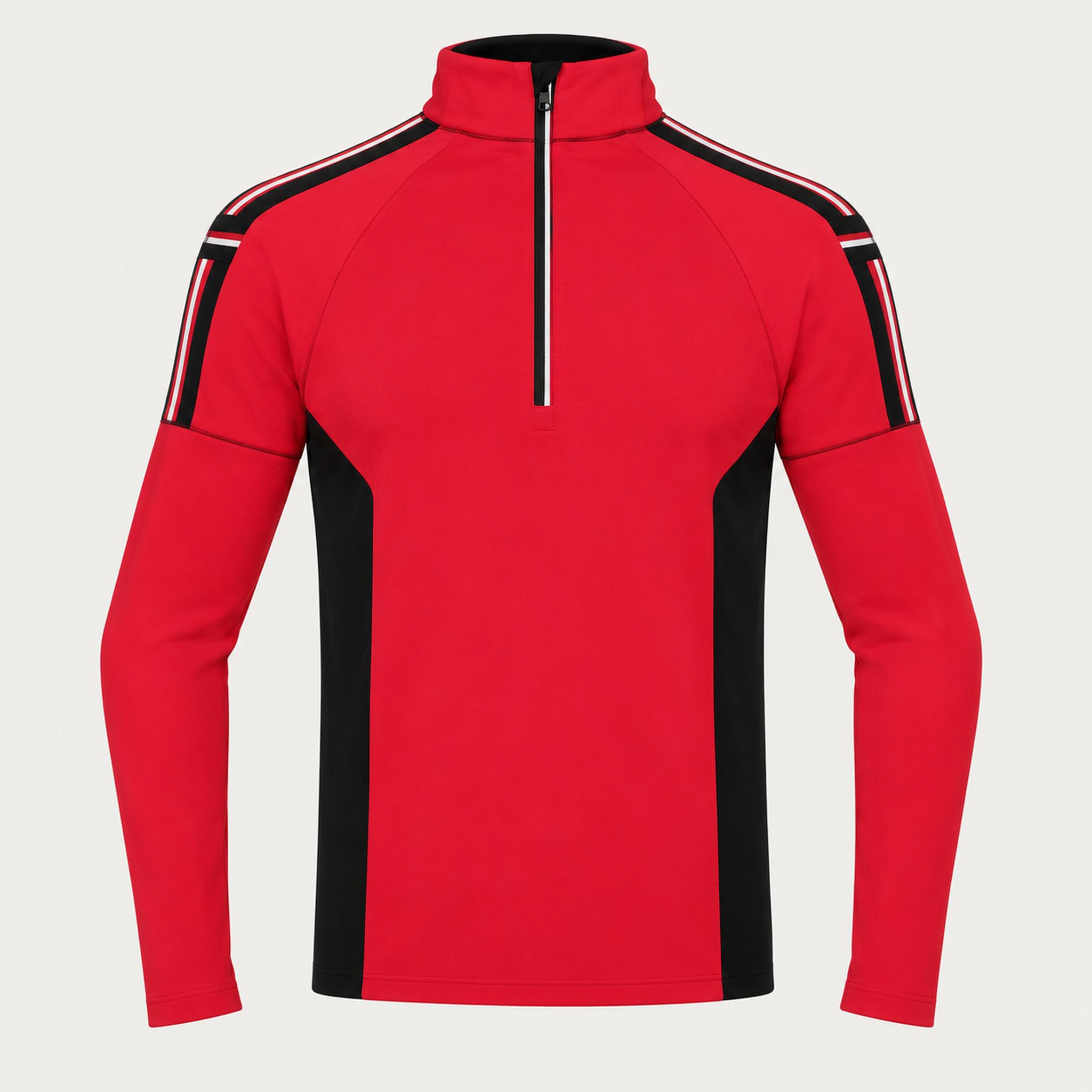 Newland mens Jerry’s Jungle Half Zip in Red - front. AI-generated from supplied artwork.