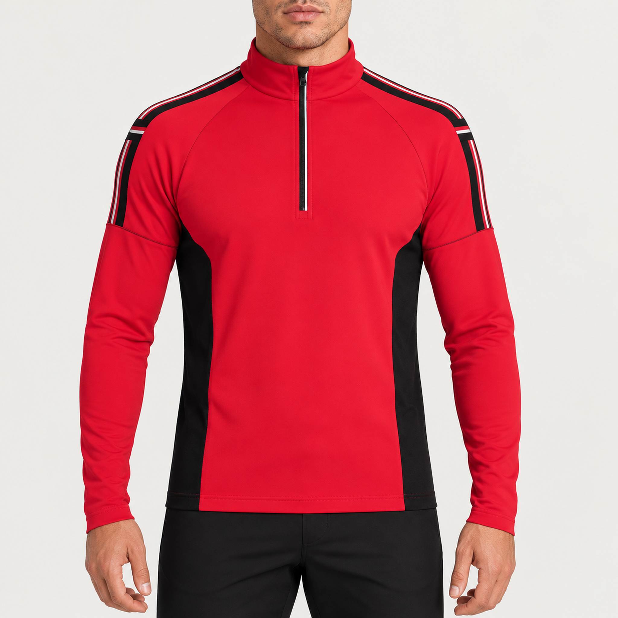 Newland mens Jerry’s Jungle Half Zip in Red - model front. AI-generated from supplied artwork.