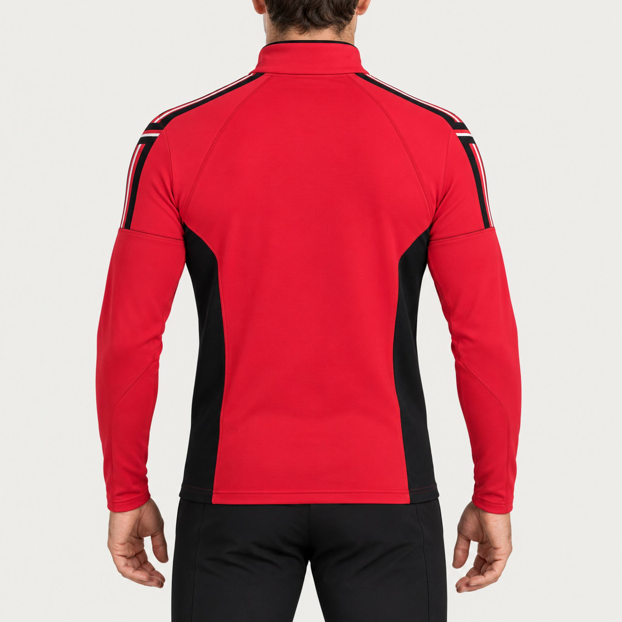 Newland mens Jerry’s Jungle Half Zip in Red - model back. AI-generated from supplied artwork.