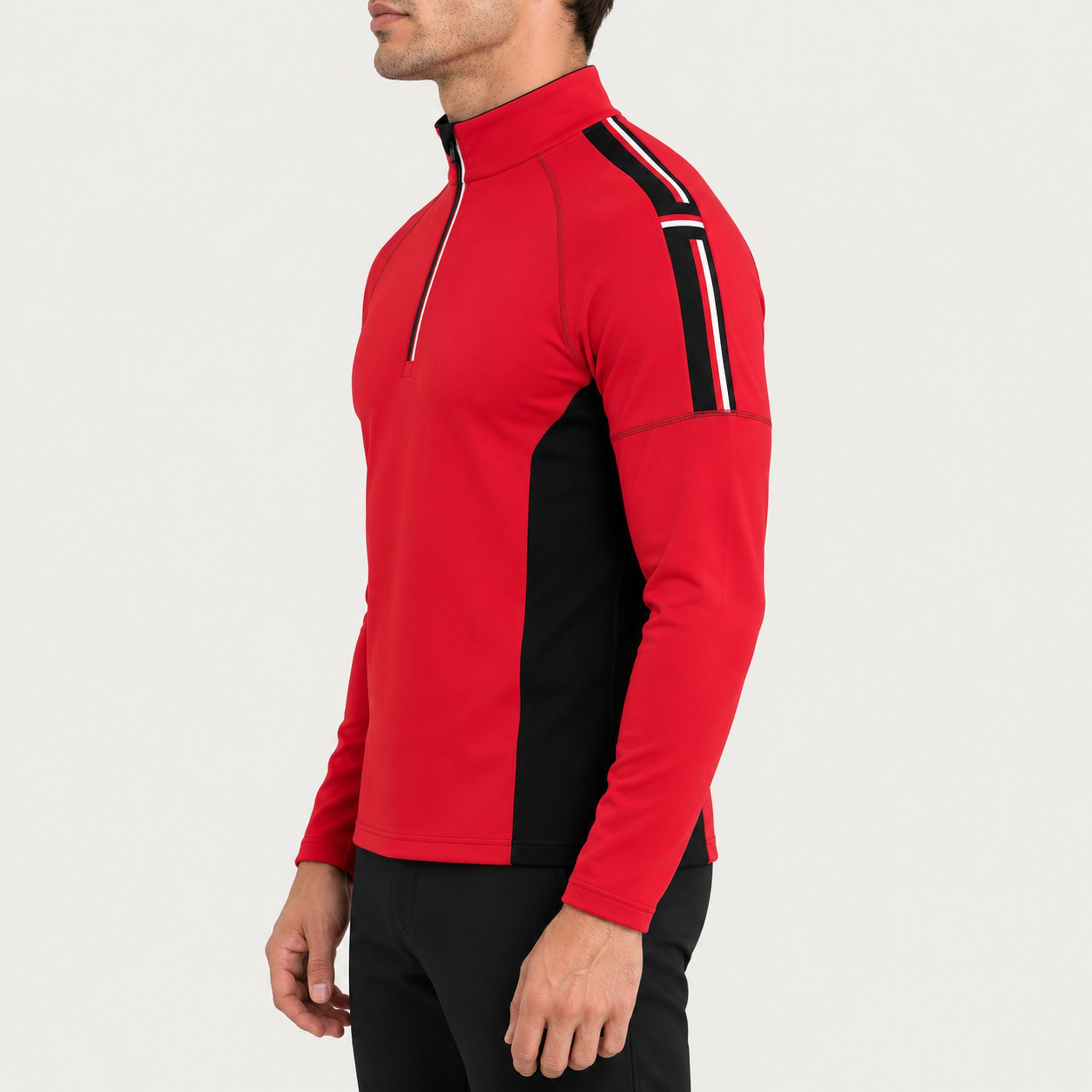 Newland mens Jerry’s Jungle Half Zip in Red - model side. AI-generated from supplied artwork.