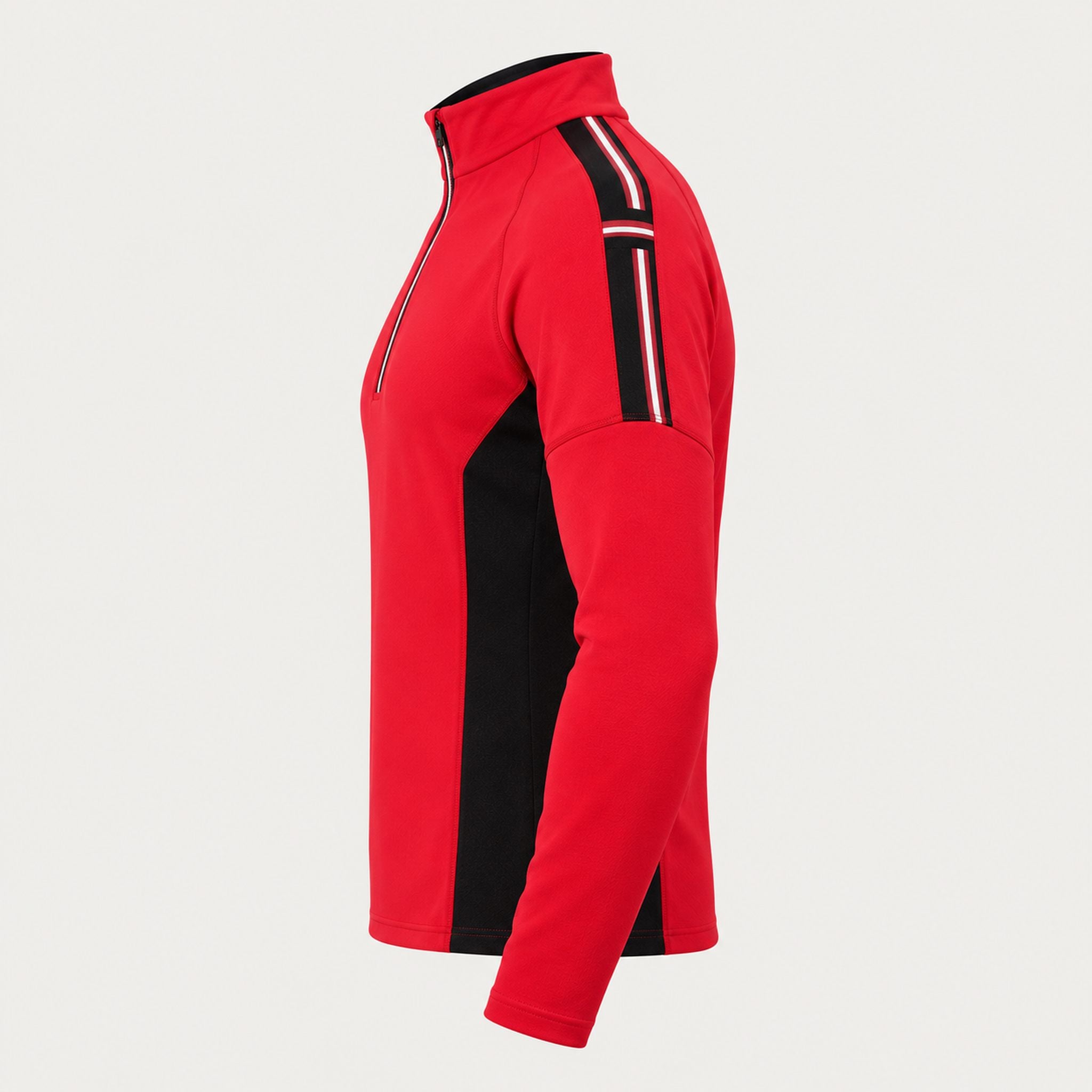 Newland mens Jerry’s Jungle Half Zip in Red - side. AI-generated from supplied artwork.