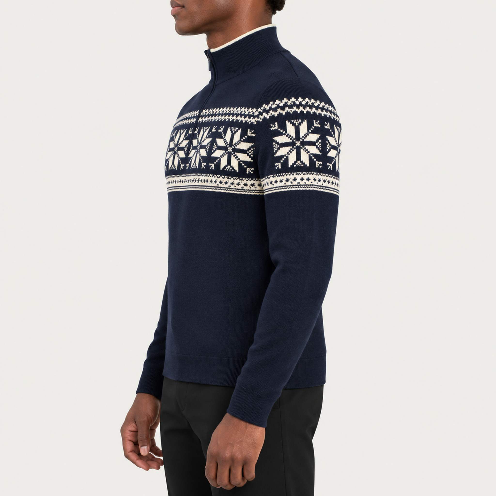 Newland mens Mayo Half Zip in Navy - model side. AI-generated from supplied artwork.