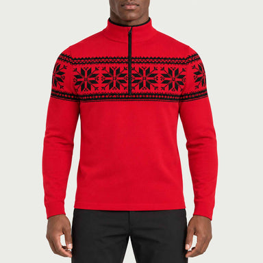 Newland mens Mayo Half Zip in Red - model front. AI-generated from supplied artwork.
