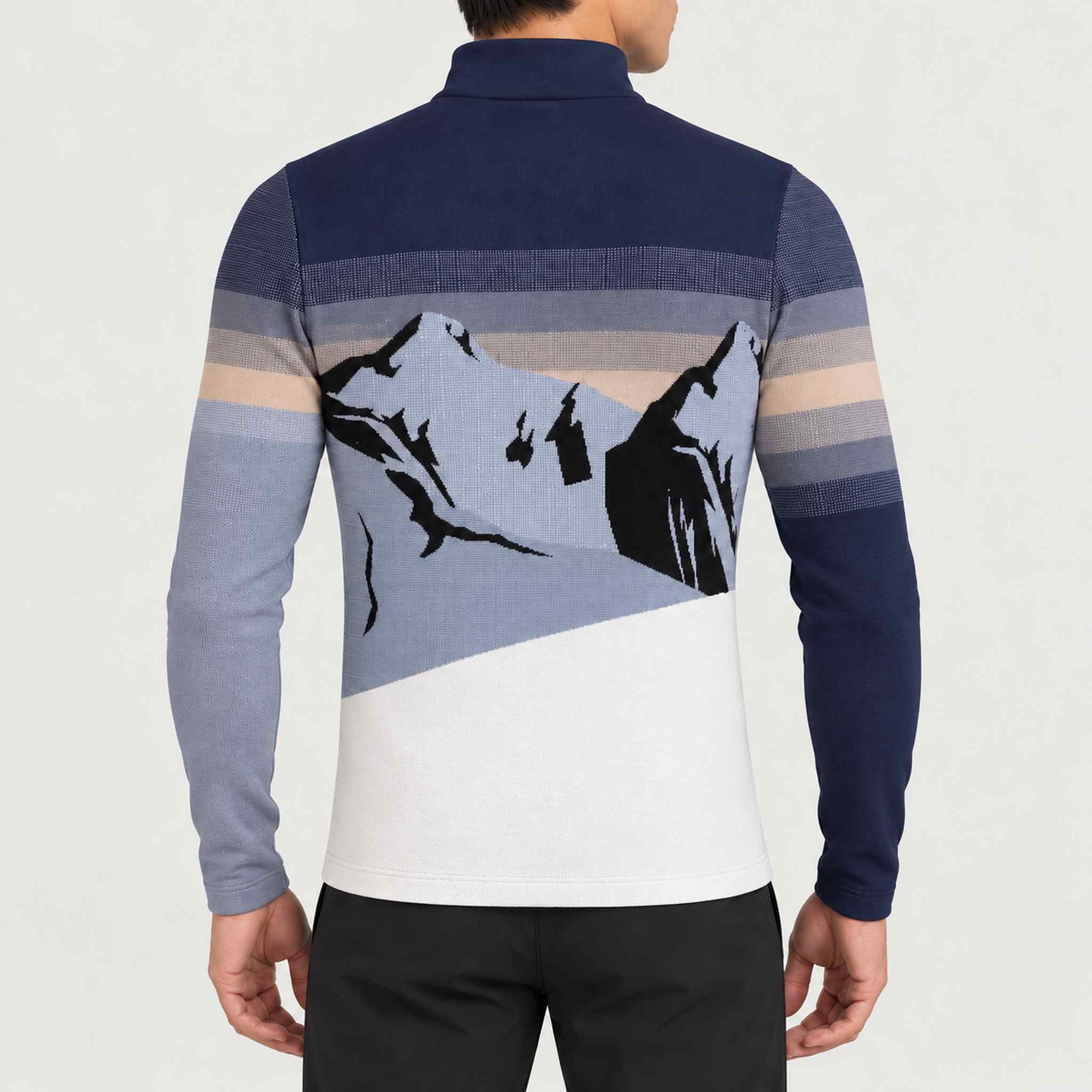 Newland mens Pevek Half Zip - model back. AI-generated from supplied artwork.