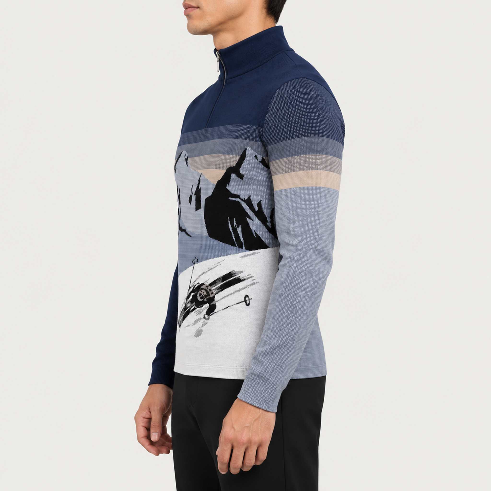 Newland mens Pevek Half Zip - model side. AI-generated from supplied artwork.