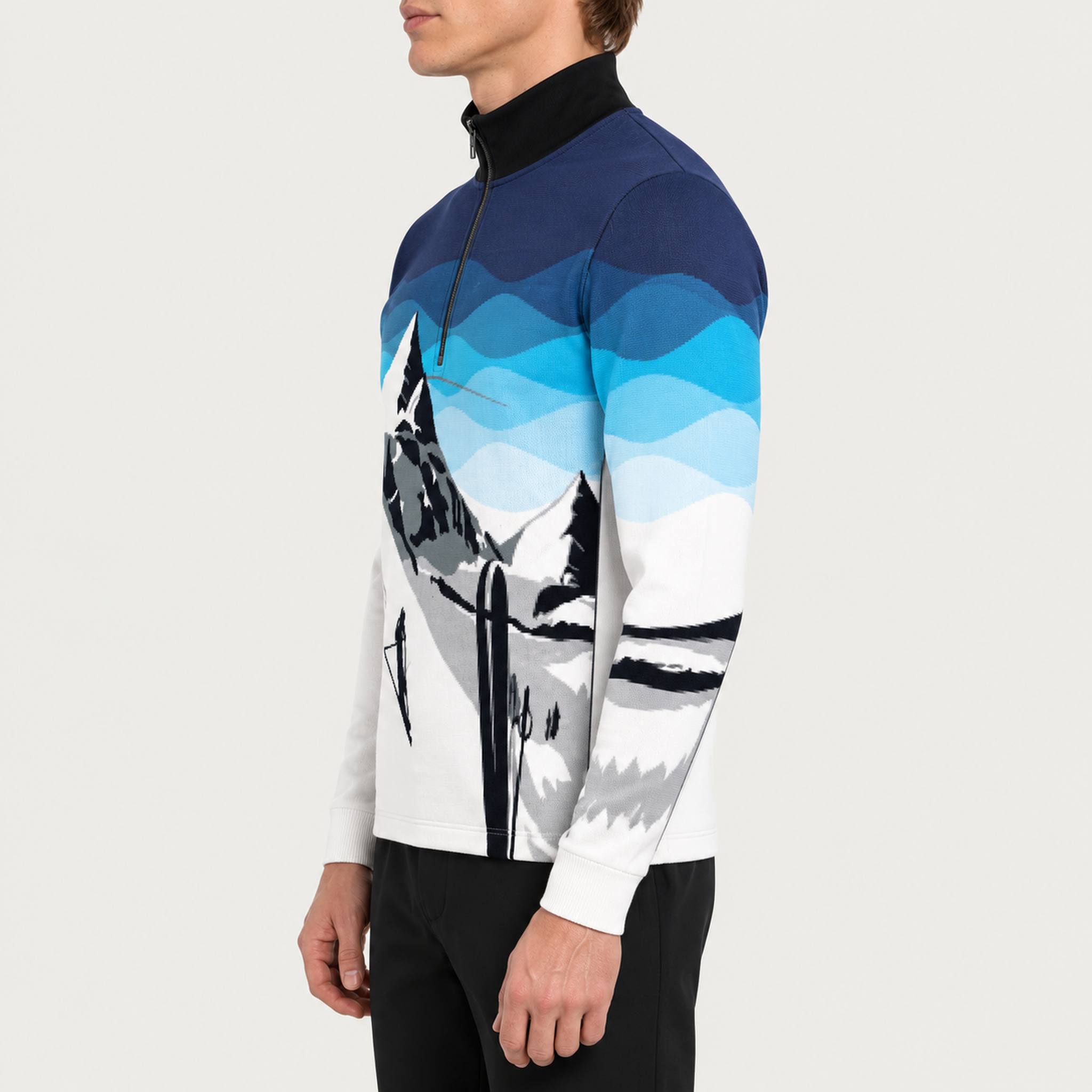 Newland mens Ridge A Half Zip - model side. AI-generated from supplied artwork.