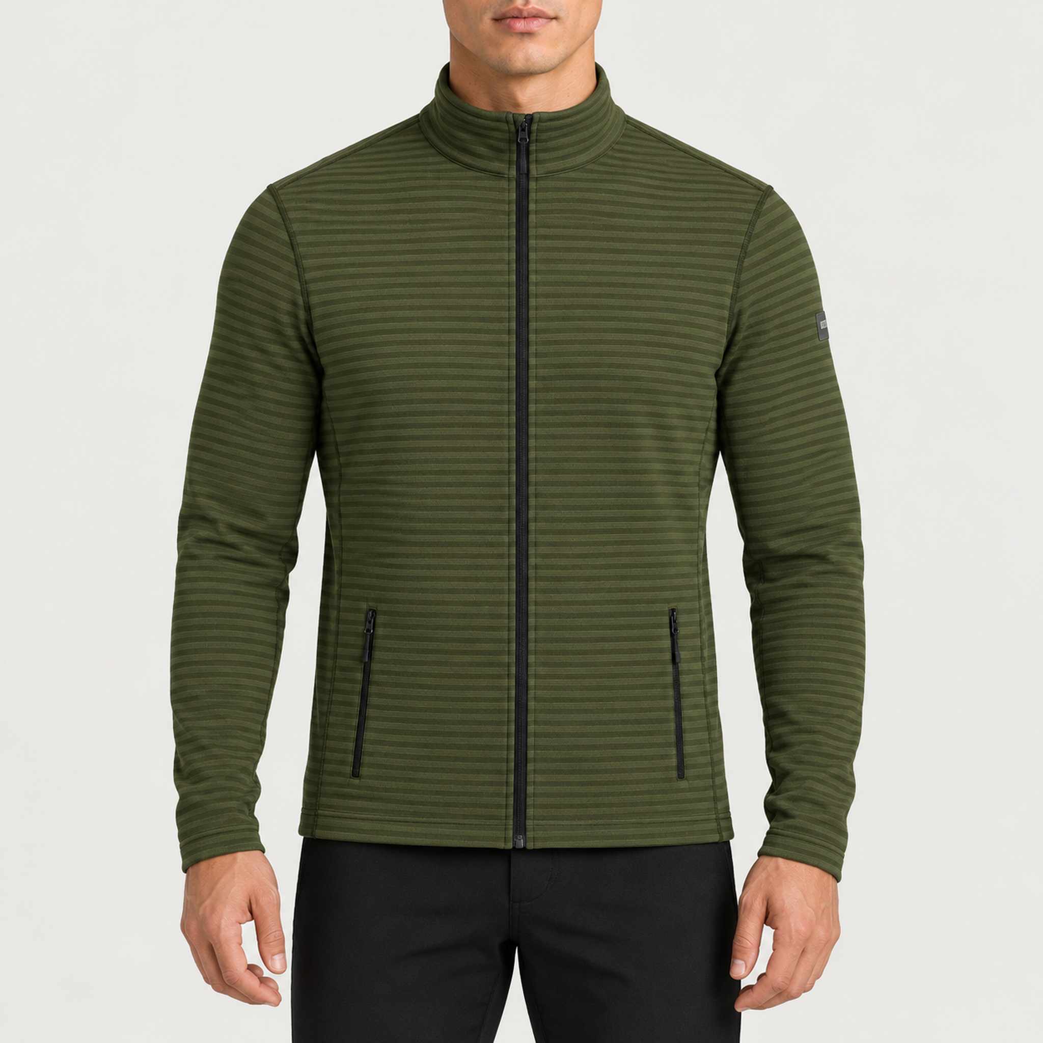 Newland mens Valtournenche Full Zip in Olive Green - model front. AI-generated from supplied artwork.