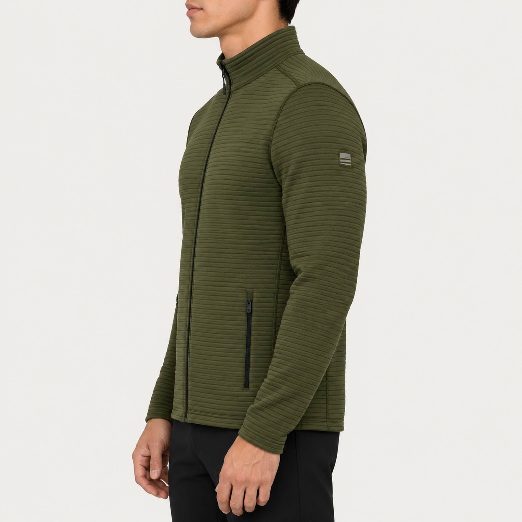 Newland mens Valtournenche Full Zip in Olive Green - model side. AI-generated from supplied artwork.