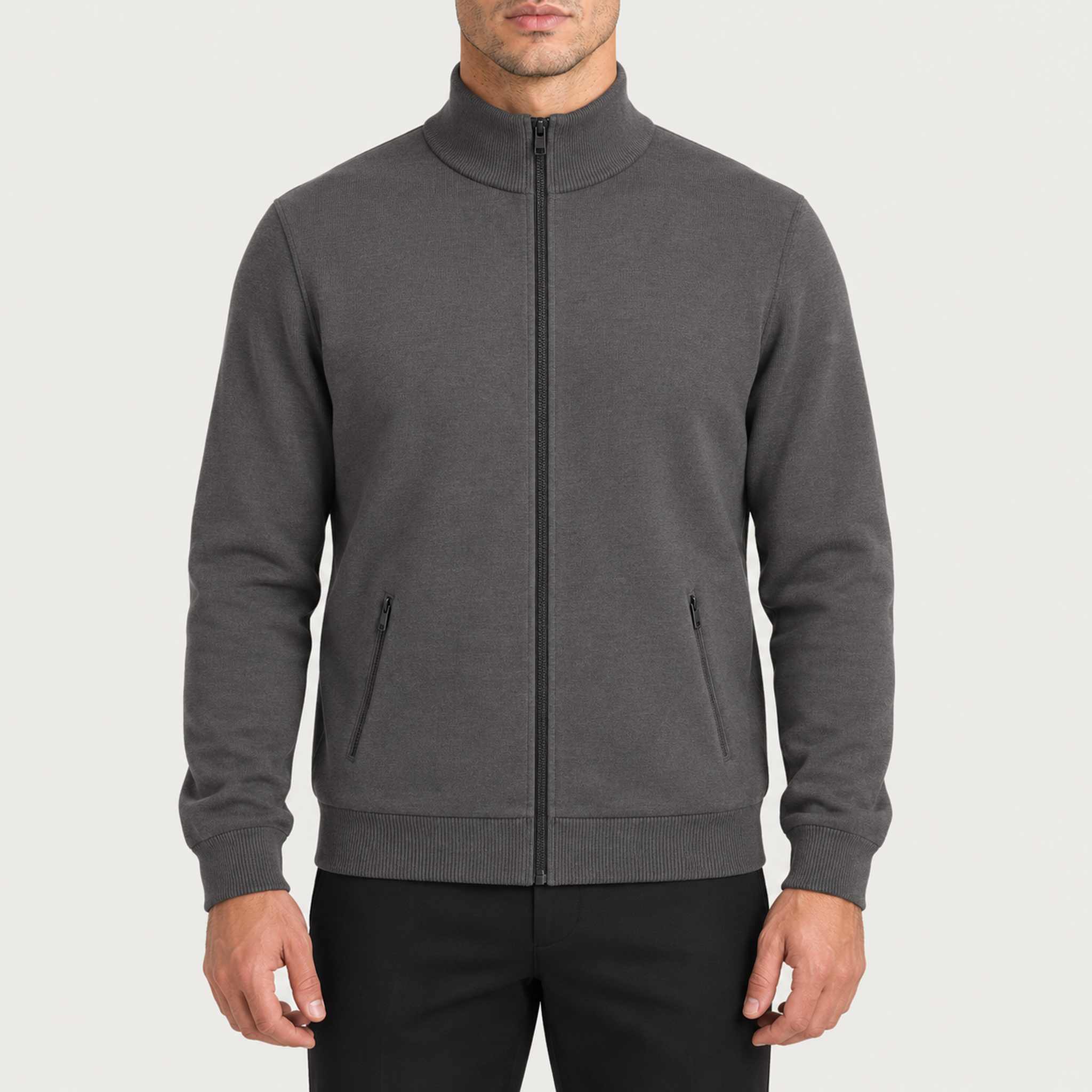 Newland mens Wolf Full Zip - model front. AI-generated from supplied artwork.