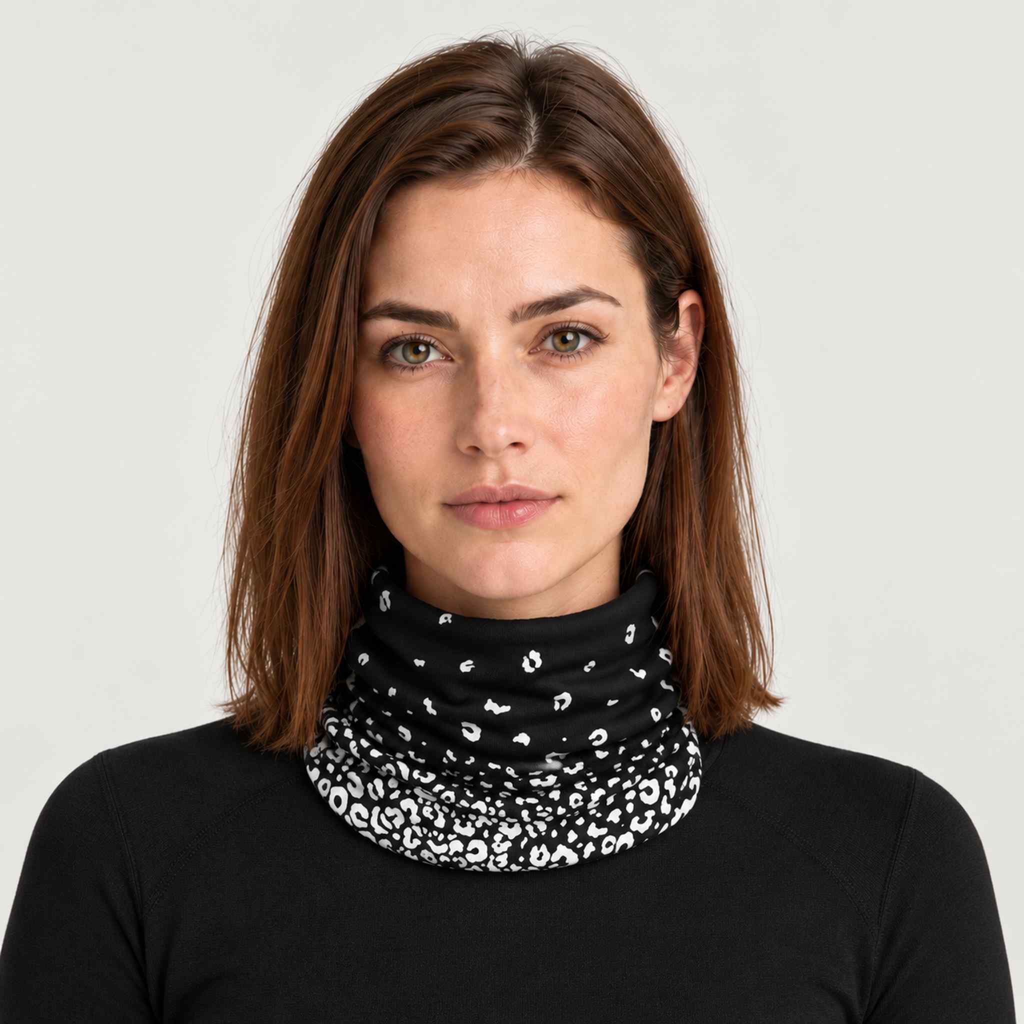 Newland unisex Drima Neck Gaiter in Black - womens front. AI-generated from supplied artwork.