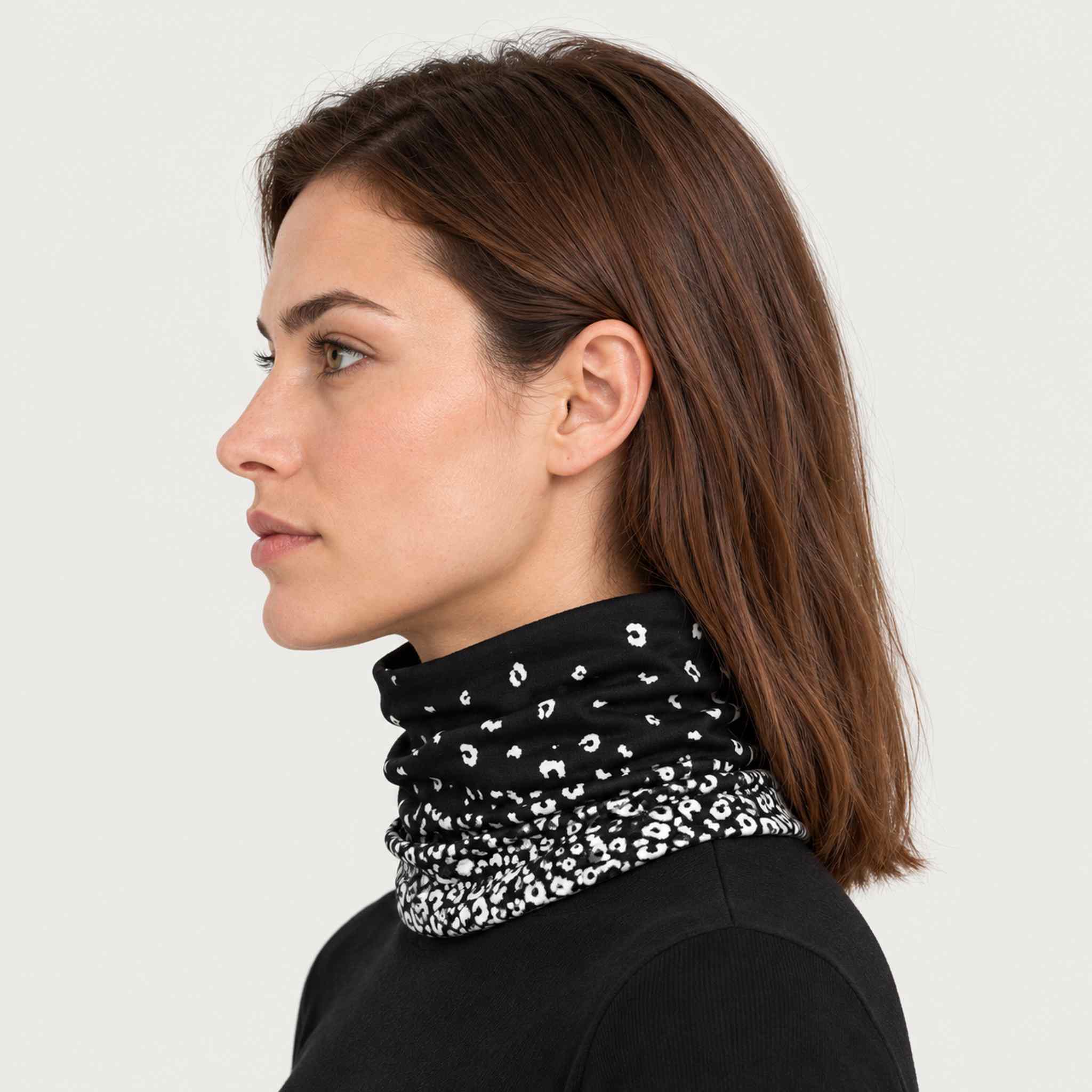 Newland unisex Drima Neck Gaiter in Black - womens side. AI-generated from supplied artwork.