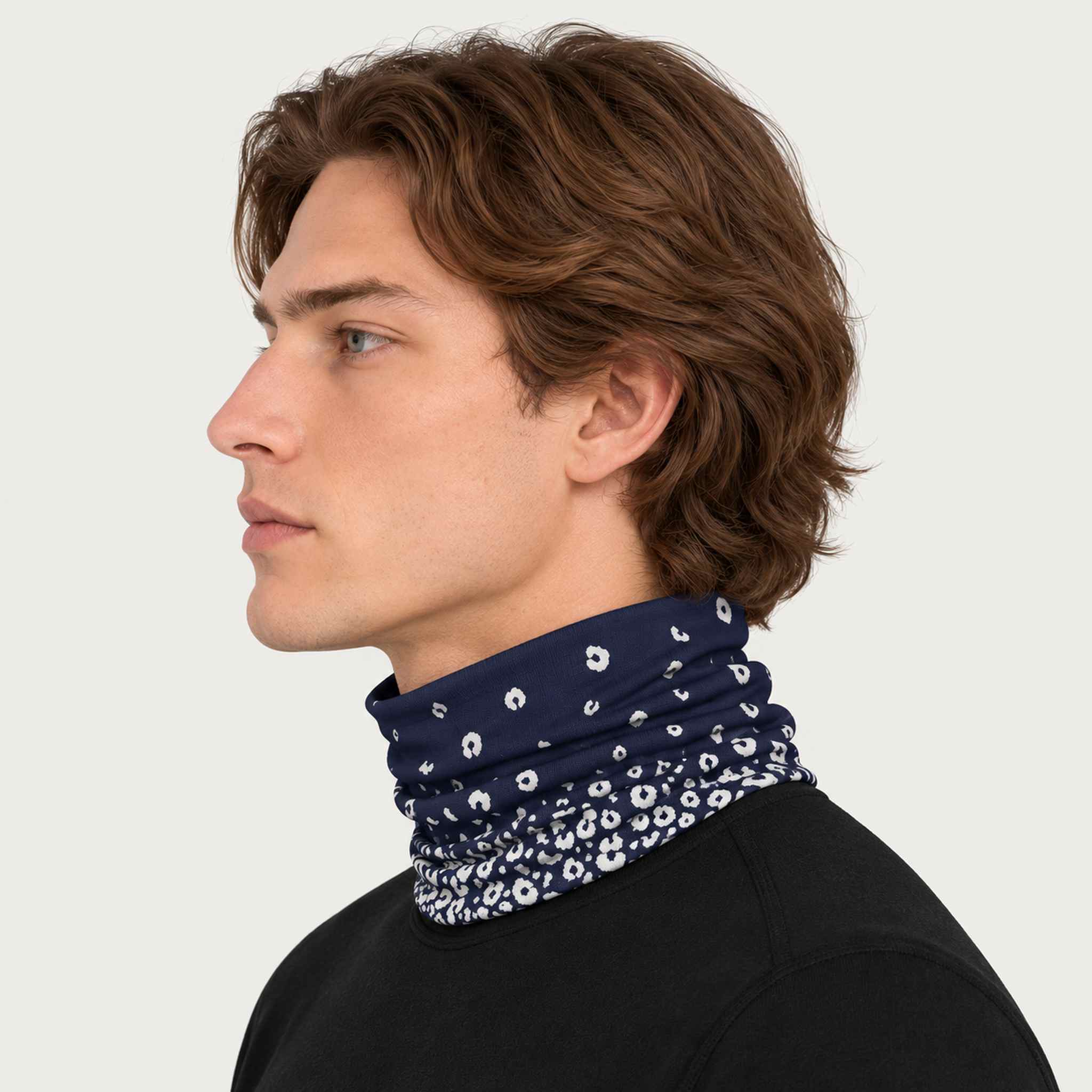 Newland unisex Drima Neck Gaiter in Navy - mens side. AI-generated from supplied artwork.