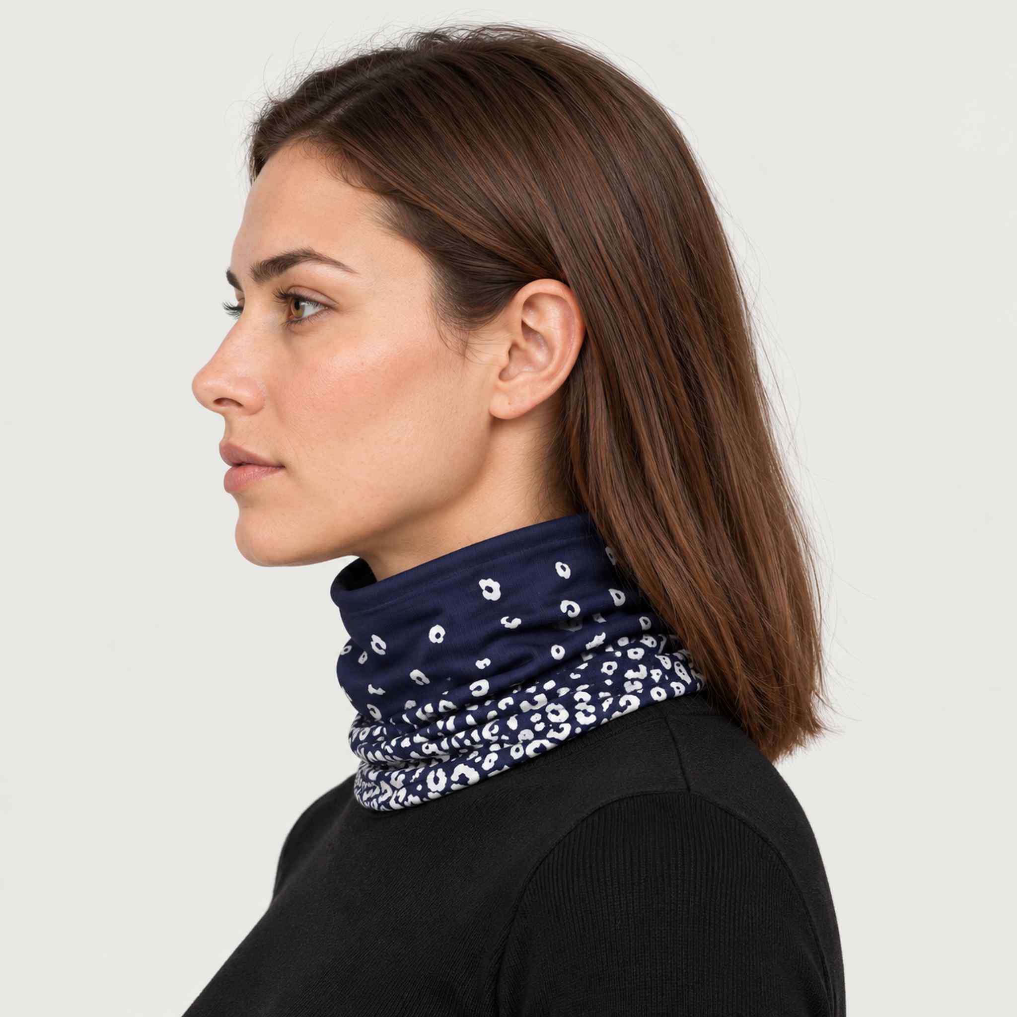 Newland unisex Drima Neck Gaiter in Navy - womens side. AI-generated from supplied artwork.