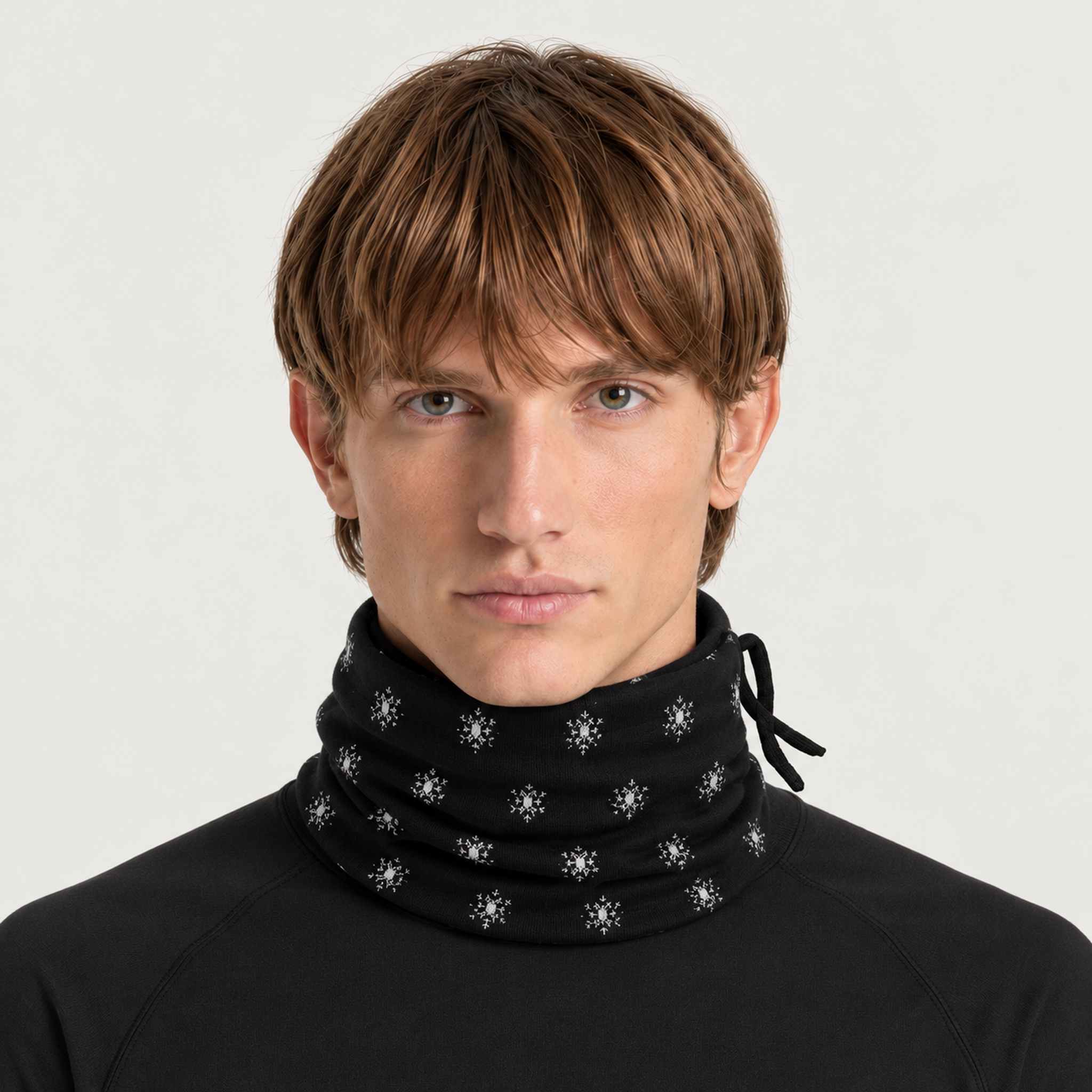 Newland unisex Eluna Neck Gaiter in Black - mens front. AI-generated from supplied artwork.