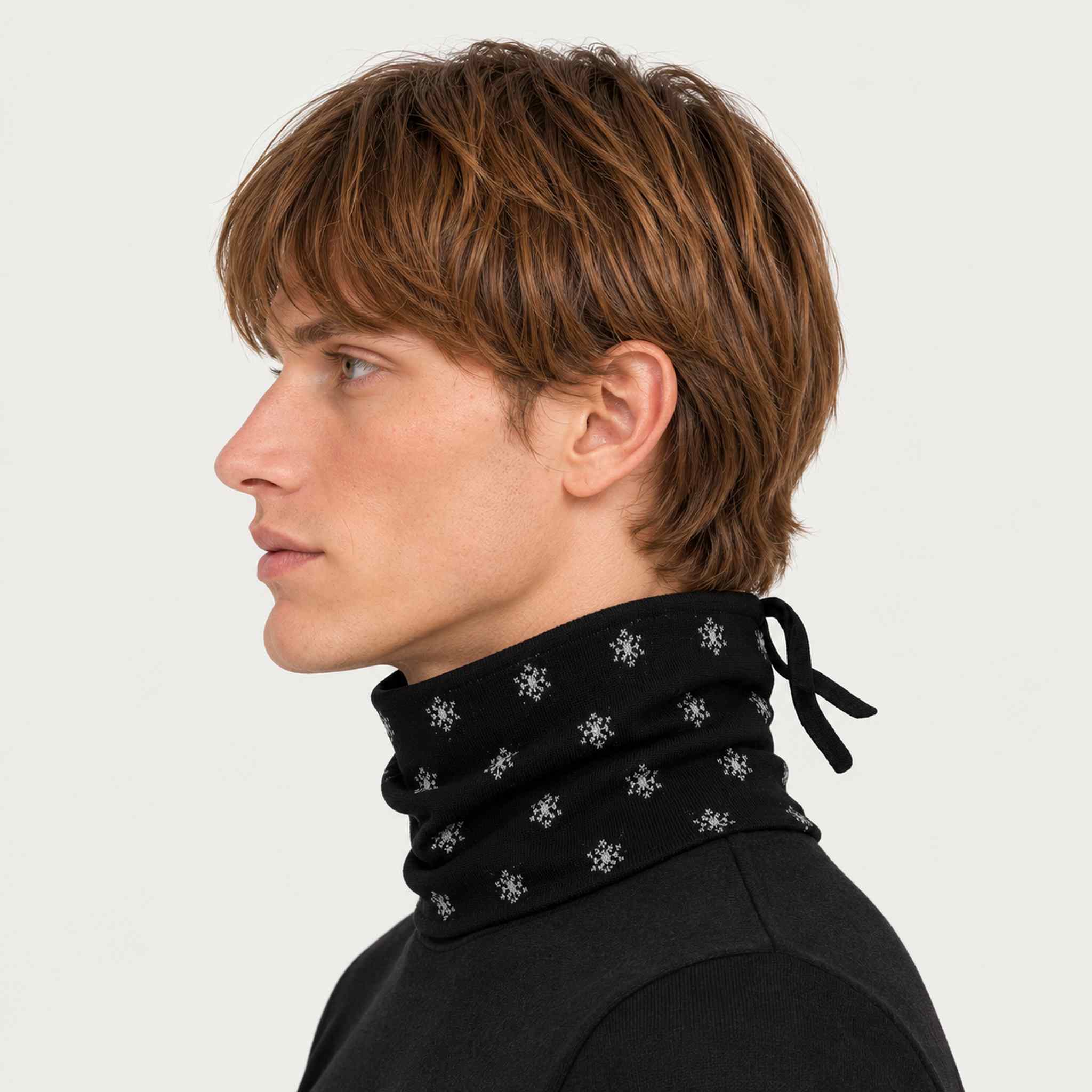 Newland unisex Eluna Neck Gaiter in Black - mens side. AI-generated from supplied artwork.