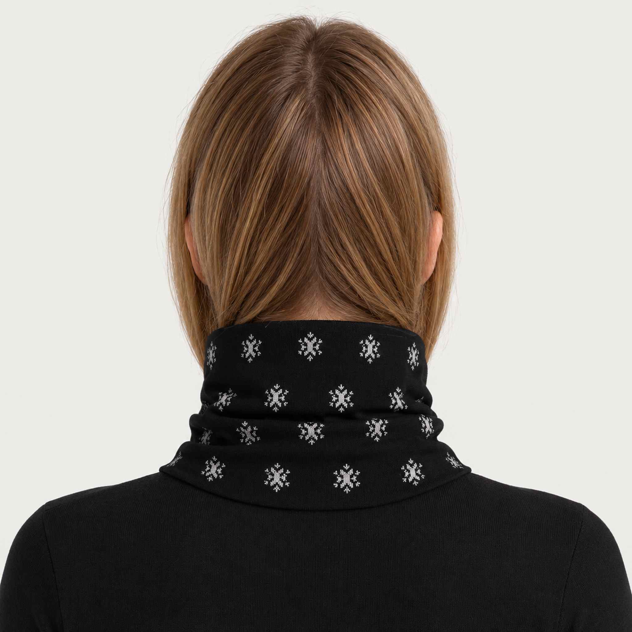 Newland unisex Eluna Neck Gaiter in Black - womens back. AI-generated from supplied artwork.