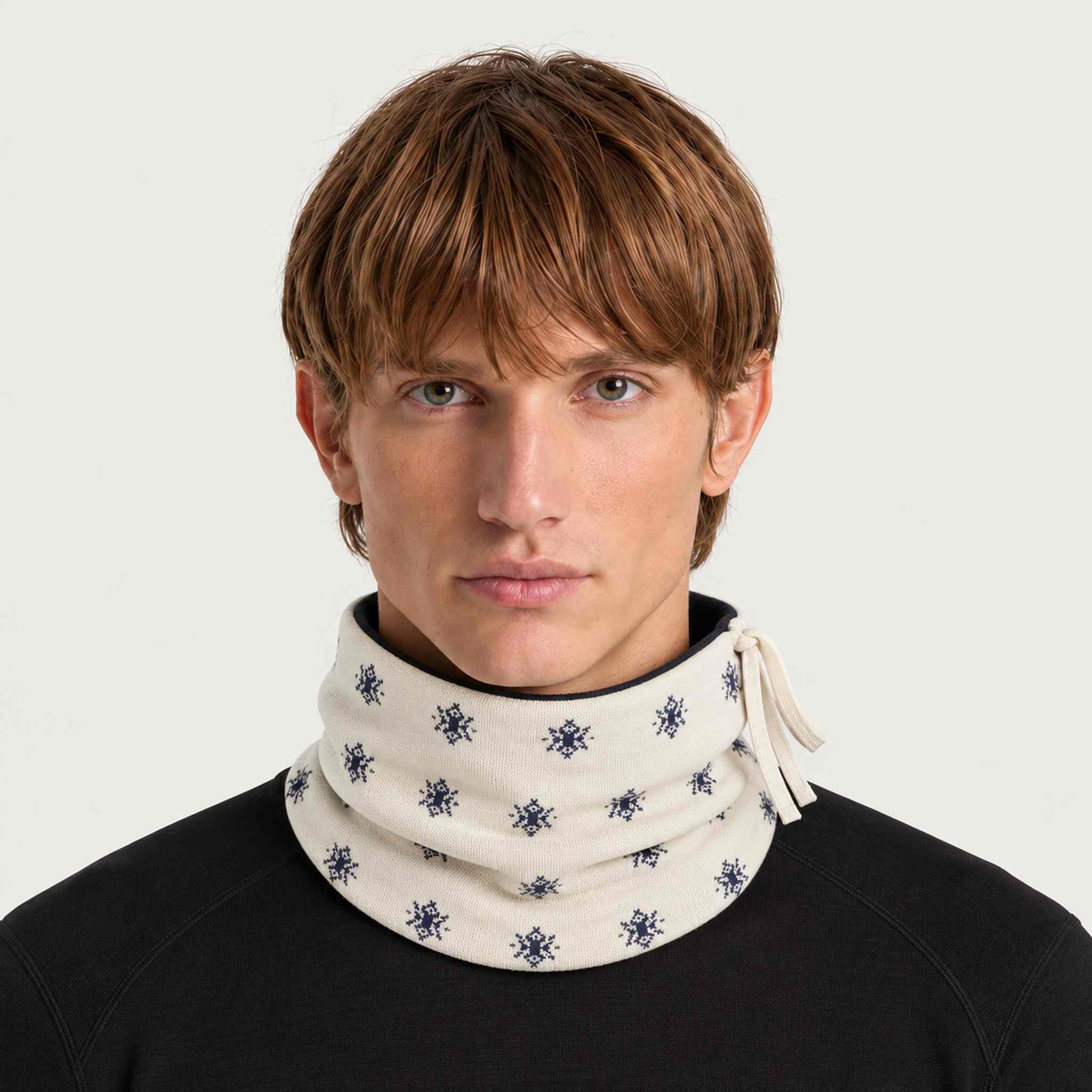 Newland unisex Eluna Neck Gaiter in Off White - mens front. AI-generated from supplied artwork.