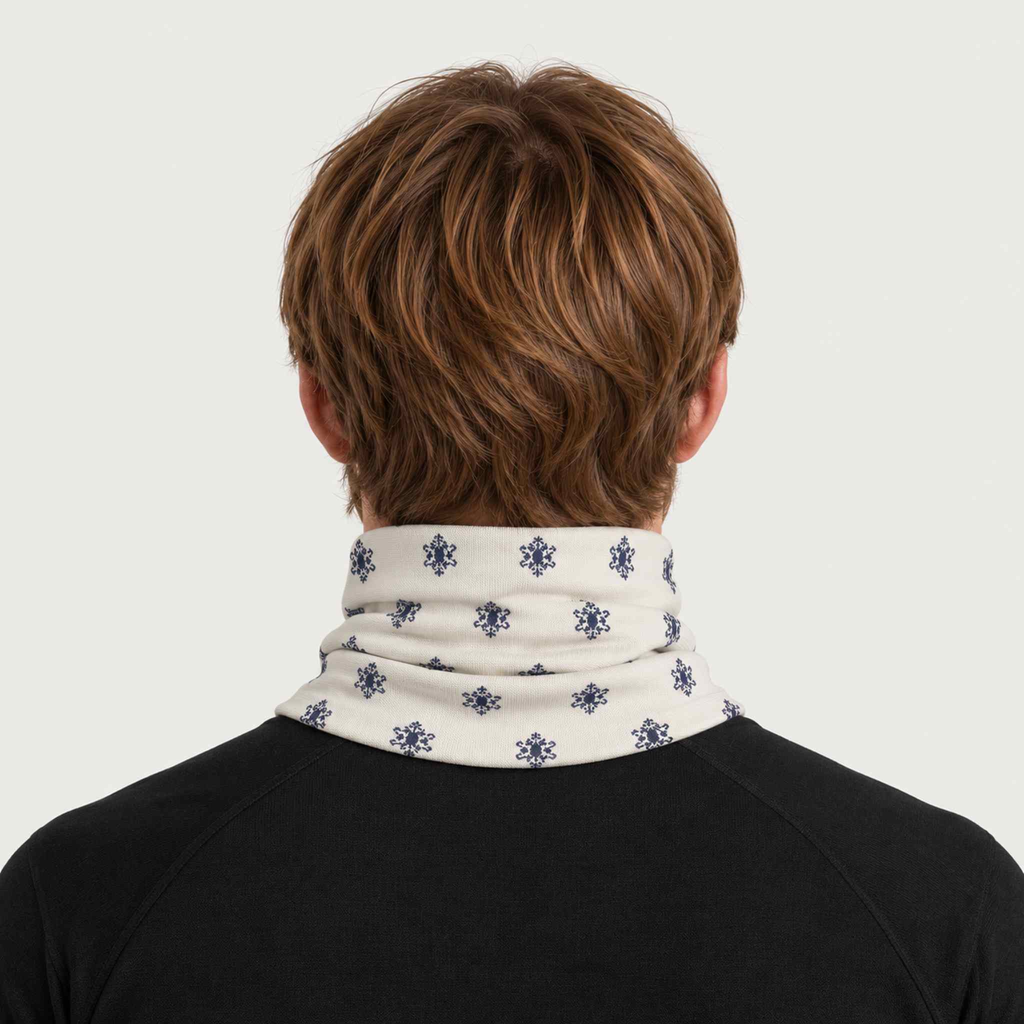 Newland unisex Eluna Neck Gaiter in Off White - mens back. AI-generated from supplied artwork.