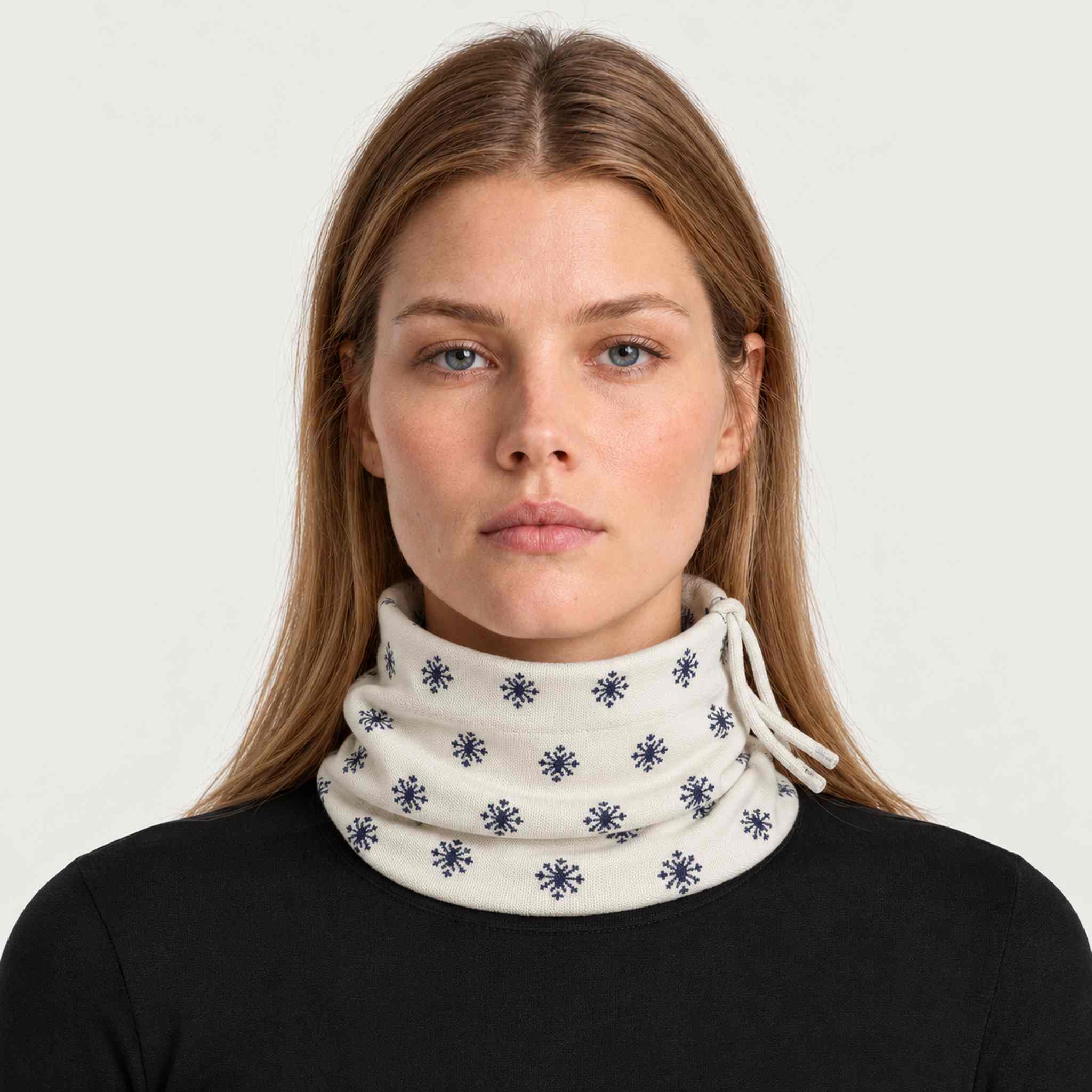 Newland unisex Eluna Neck Gaiter in Off White - womens front. AI-generated from supplied artwork.