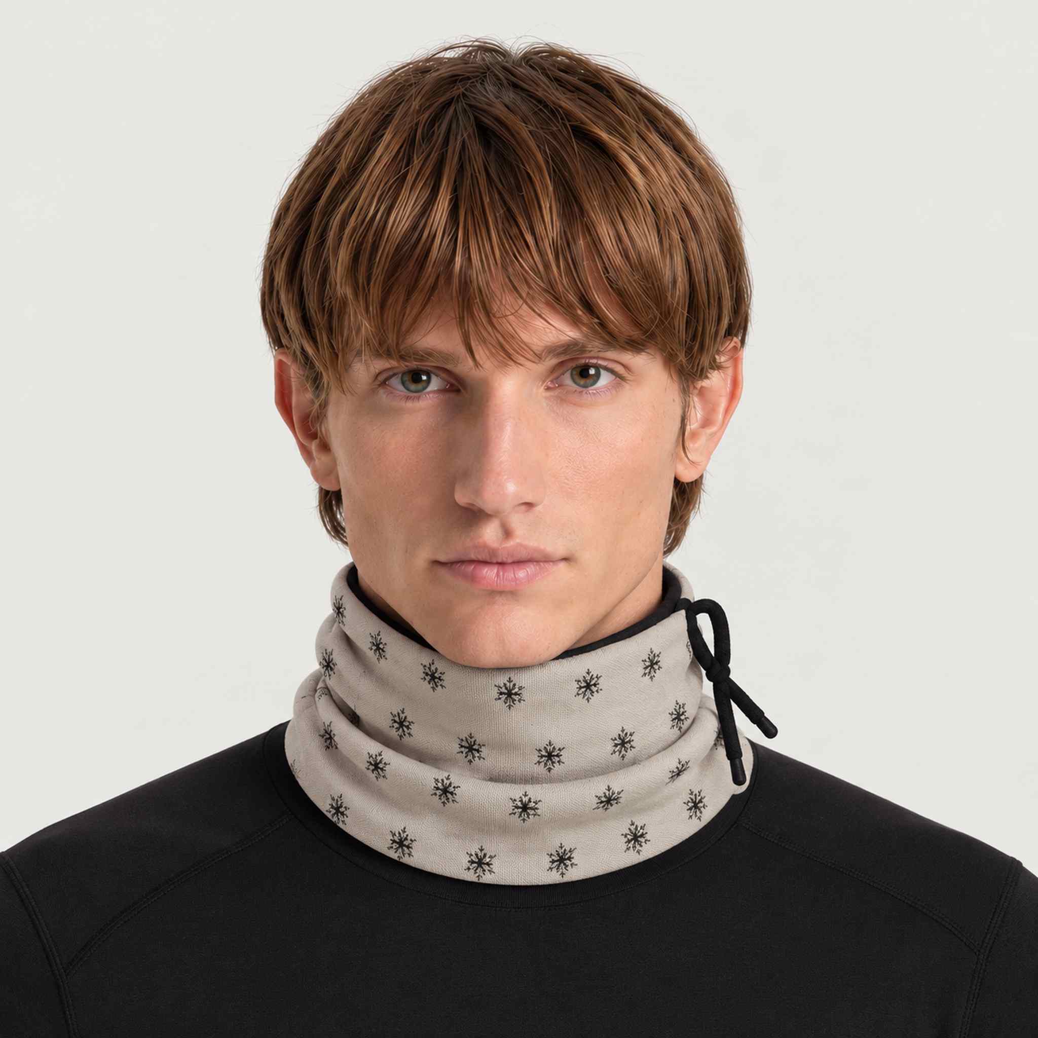 Newland unisex Eluna Neck Gaiter in Stone - mens front. AI-generated from supplied artwork.