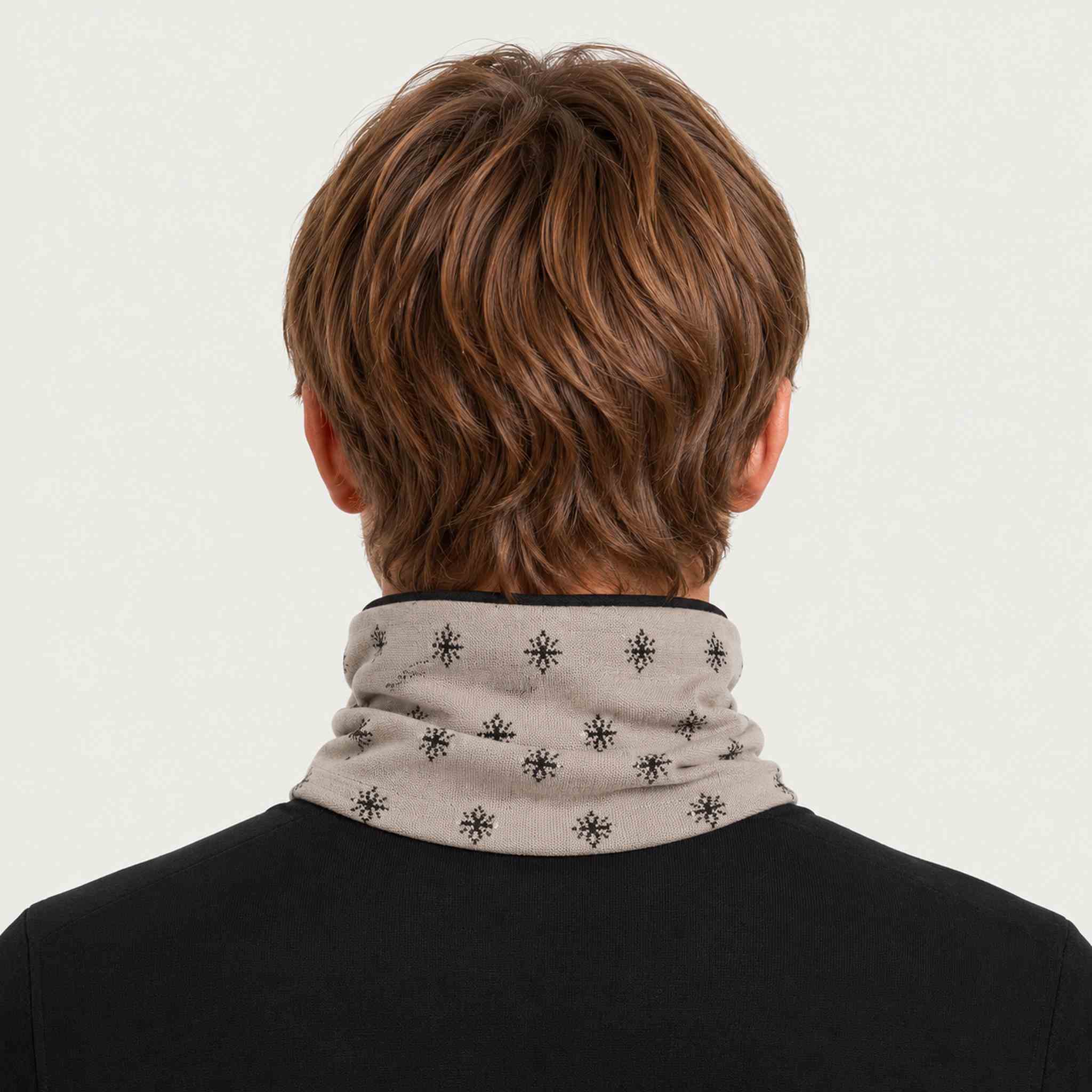 Newland unisex Eluna Neck Gaiter in Stone - mens back. AI-generated from supplied artwork.