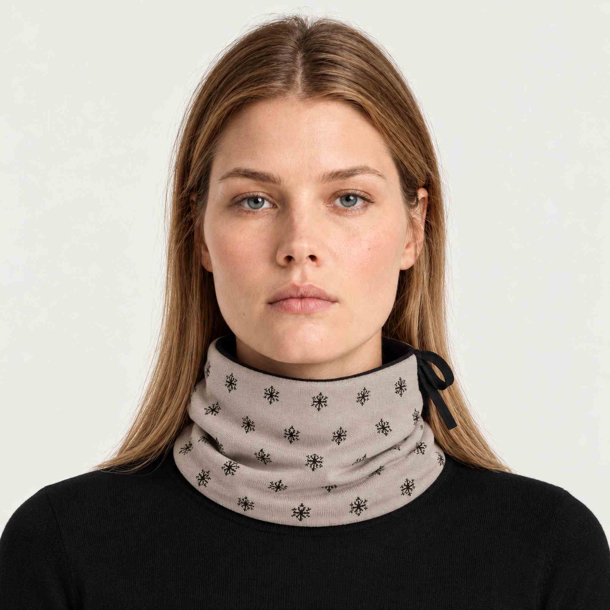 Newland unisex Eluna Neck Gaiter in Stone - womens front. AI-generated from supplied artwork.