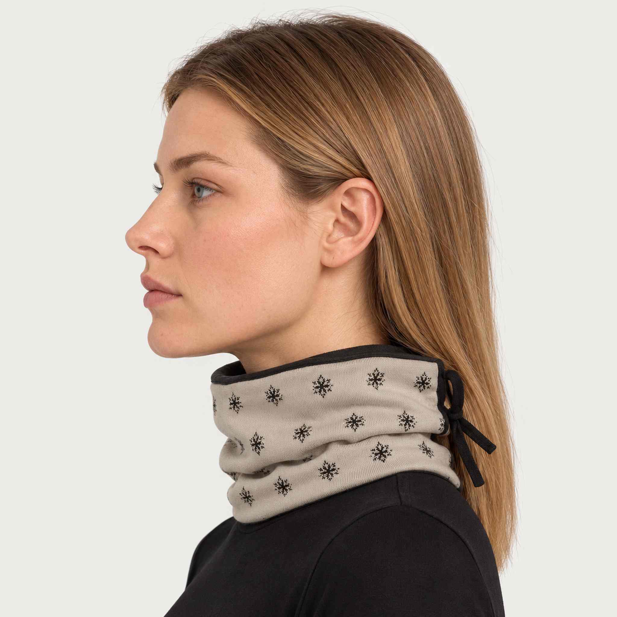 Newland unisex Eluna Neck Gaiter in Stone - womens side. AI-generated from supplied artwork.