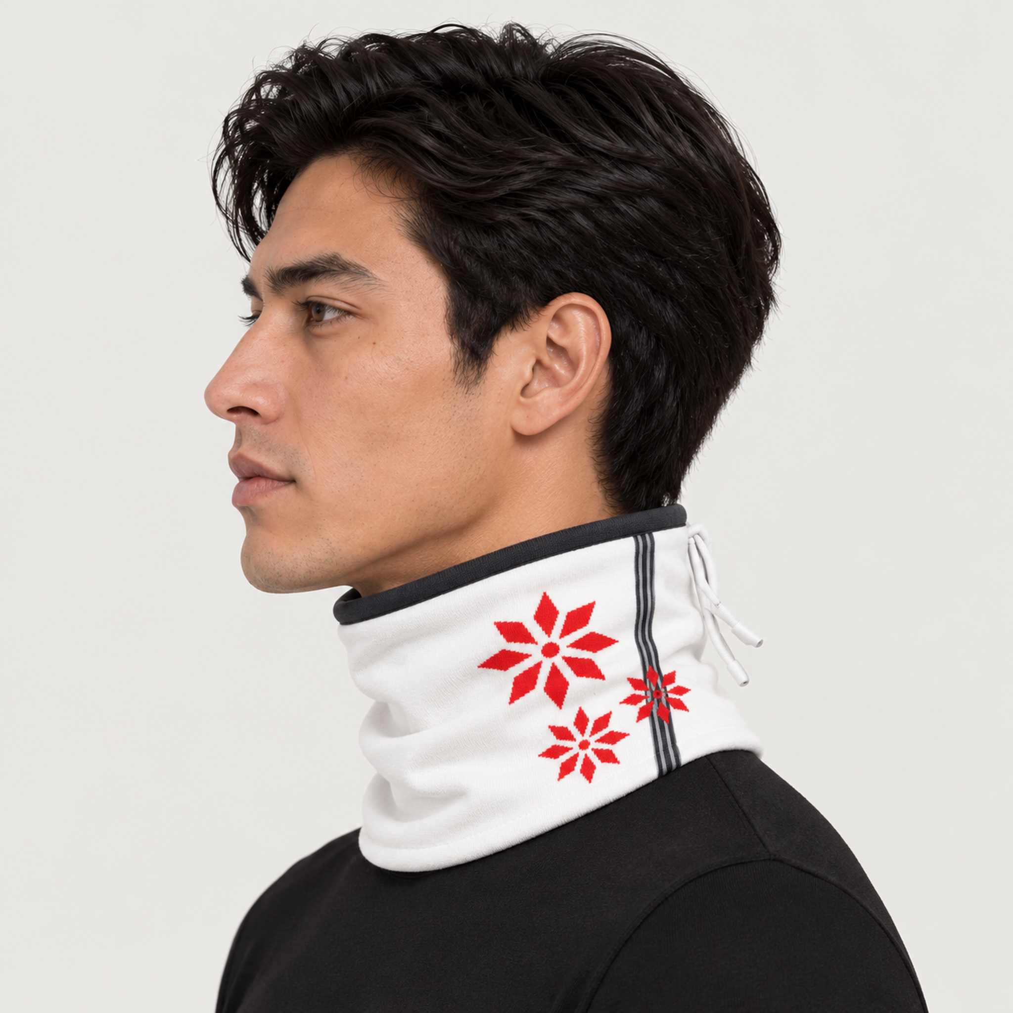 Newland unisex Lysara Neck Gaiter - mens side. AI-generated from supplied artwork.