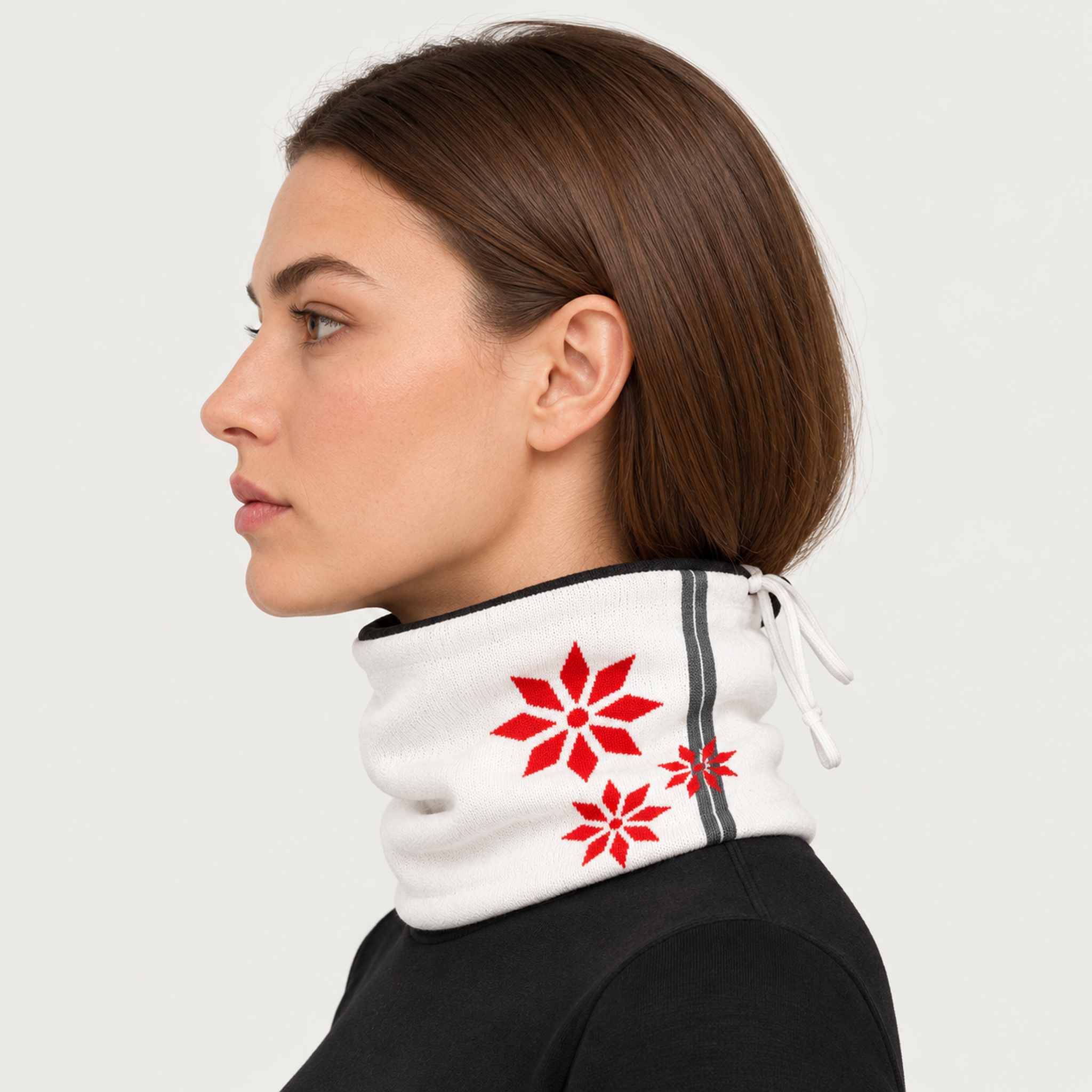 Newland unisex Lysara Neck Gaiter - womens side. AI-generated from supplied artwork.
