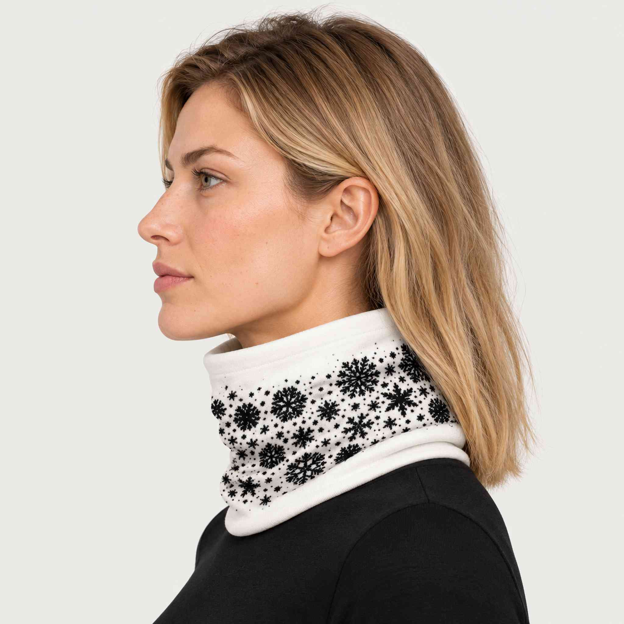 Newland unisex Maren Neck Gaiter - womens side. AI-generated from supplied artwork.