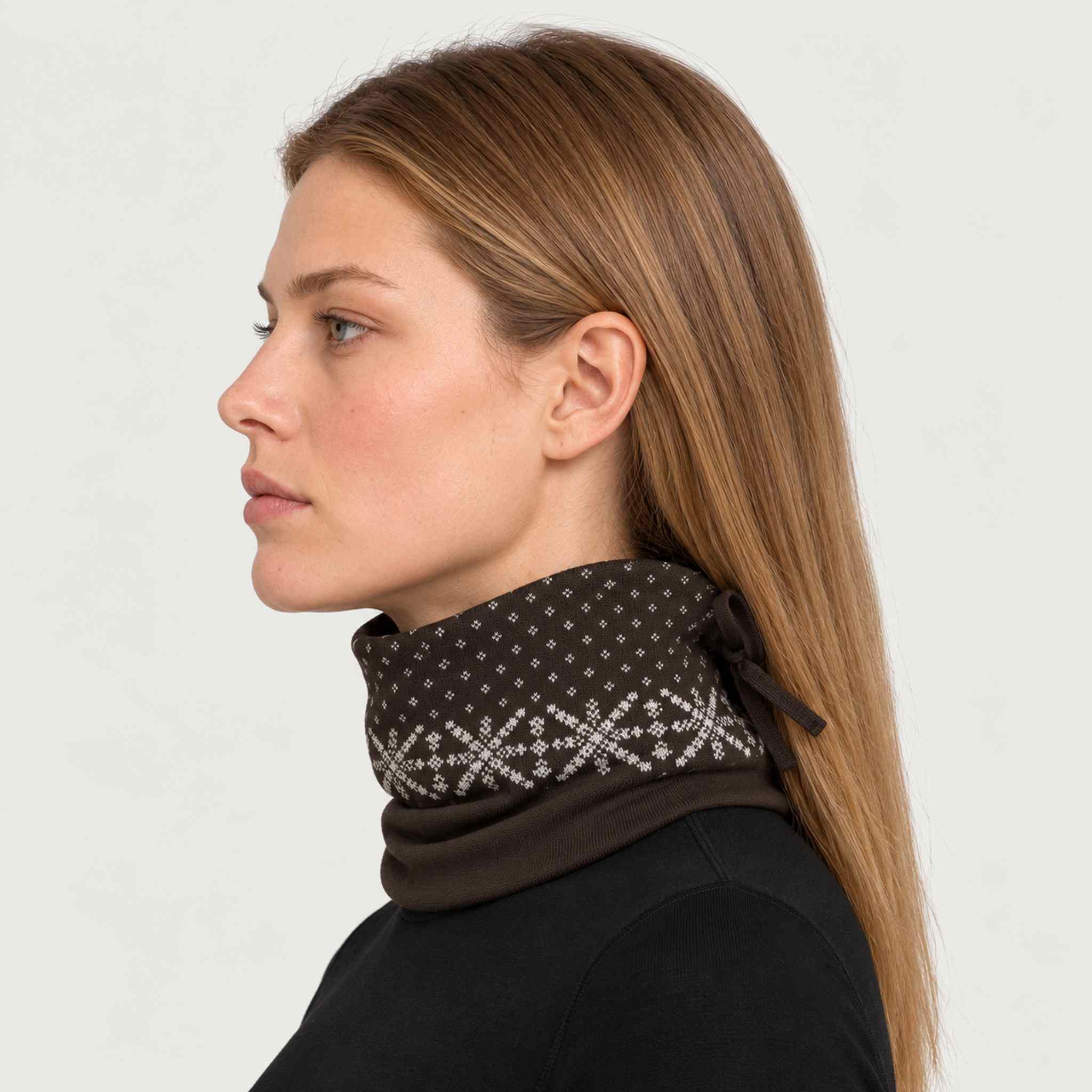 Newland unisex Noctis Neck Gaiter - womens side. AI-generated from supplied artwork.