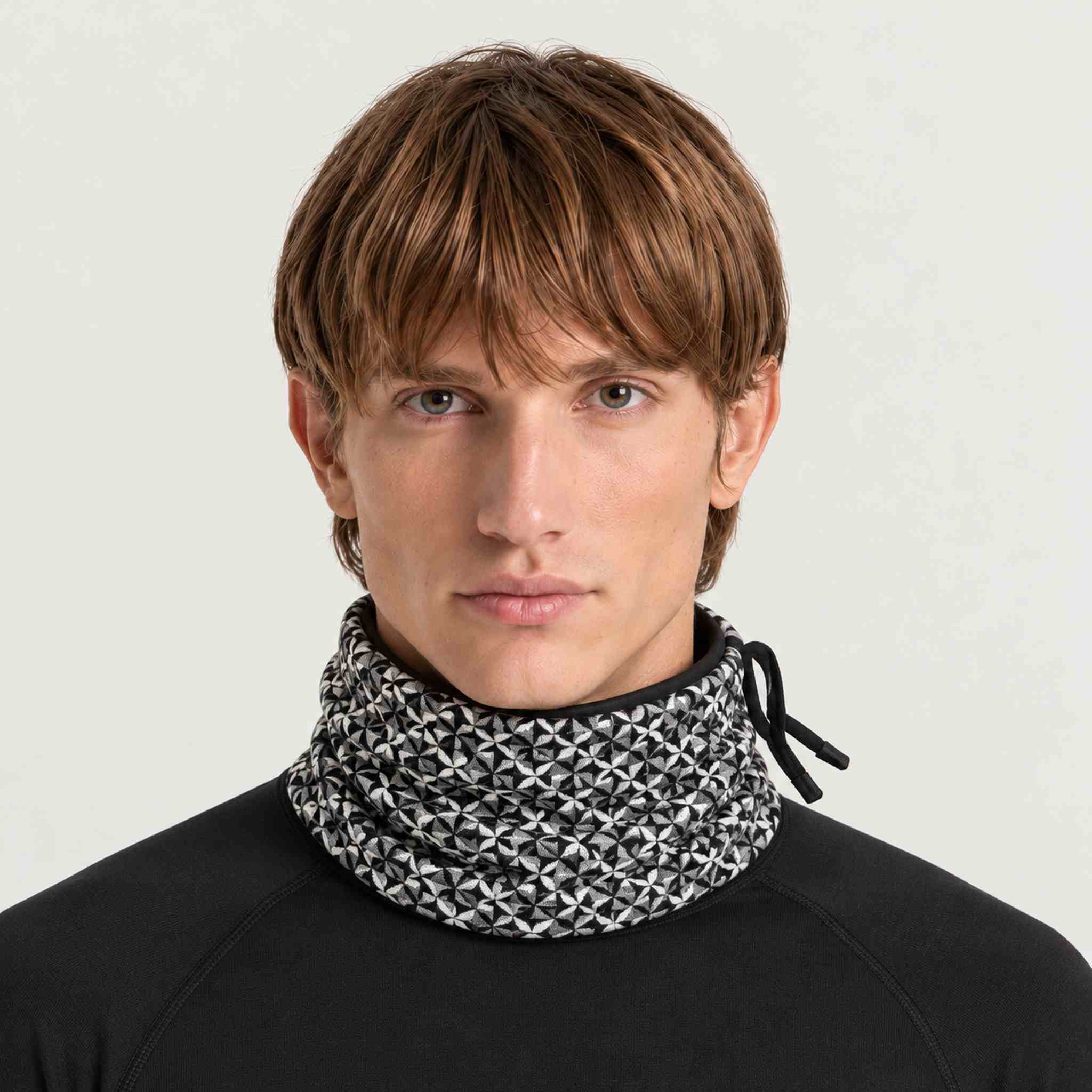 Newland unisex Tulip Neck Gaiter in Black/White - mens front. AI-generated from supplied artwork.