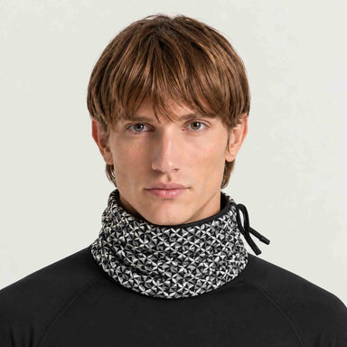 Newland unisex Tulip Neck Gaiter in Black/White - mens front. AI-generated from supplied artwork.