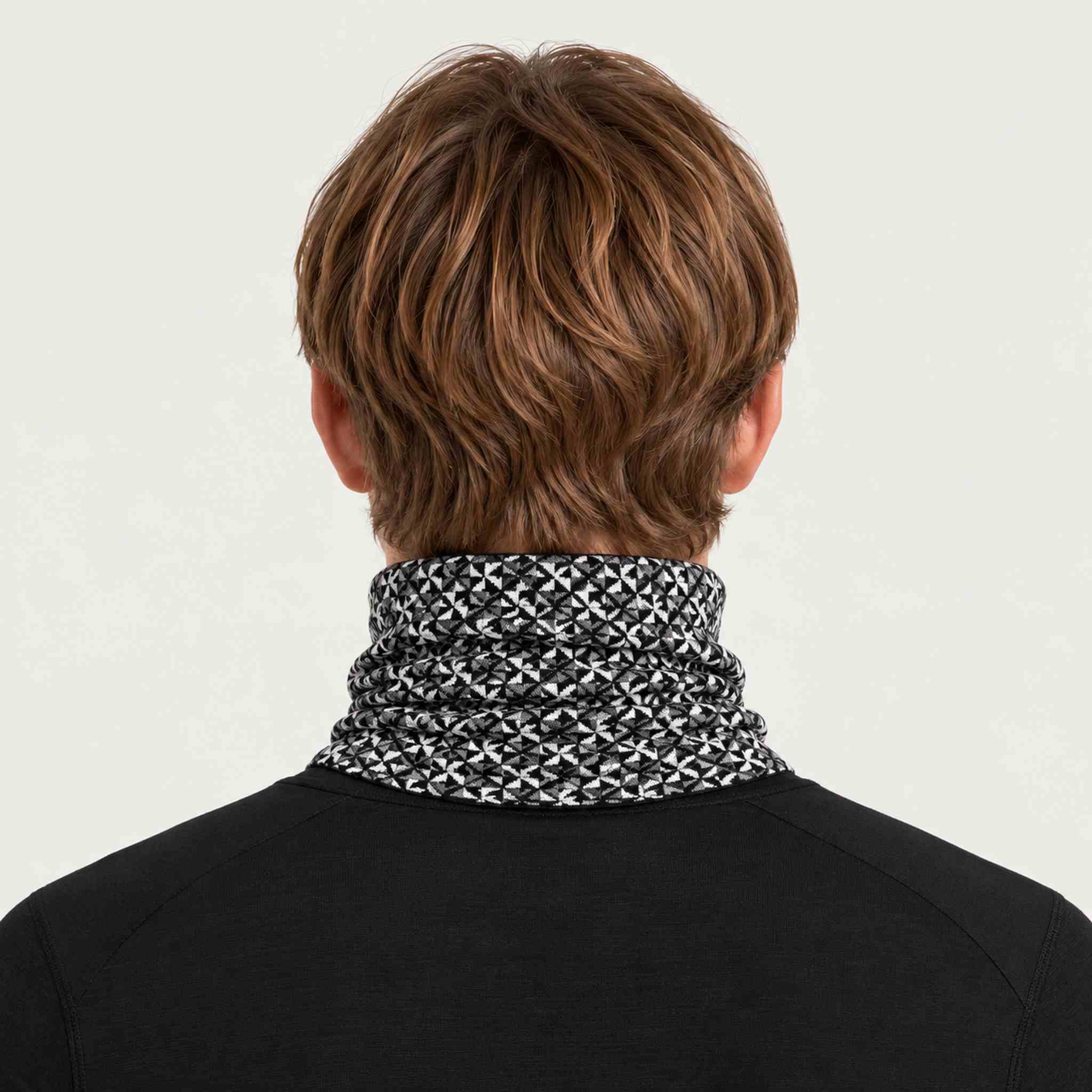 Newland unisex Tulip Neck Gaiter in Black/White - mens back. AI-generated from supplied artwork.