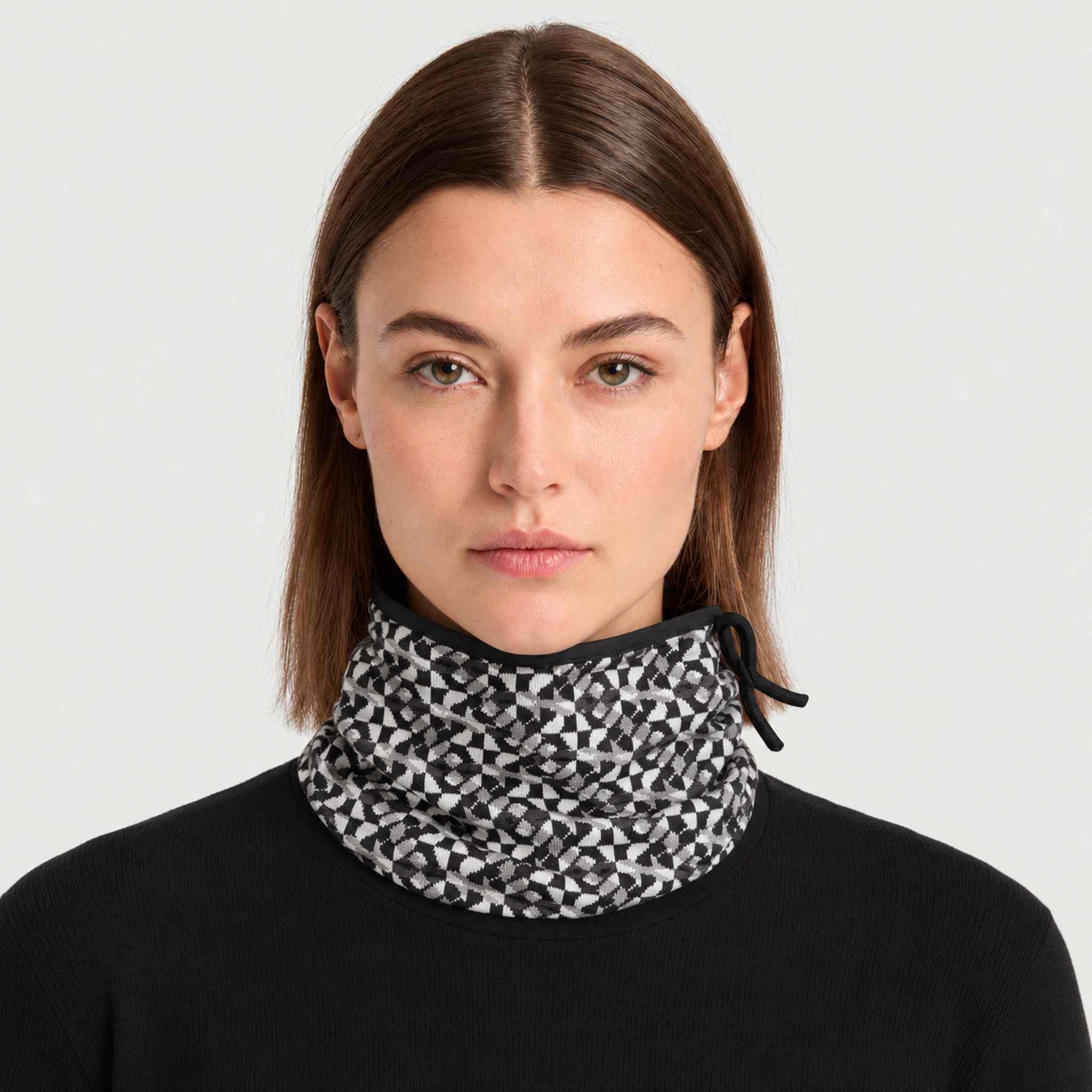 Newland unisex Tulip Neck Gaiter in Black/White - womens front. AI-generated from supplied artwork.