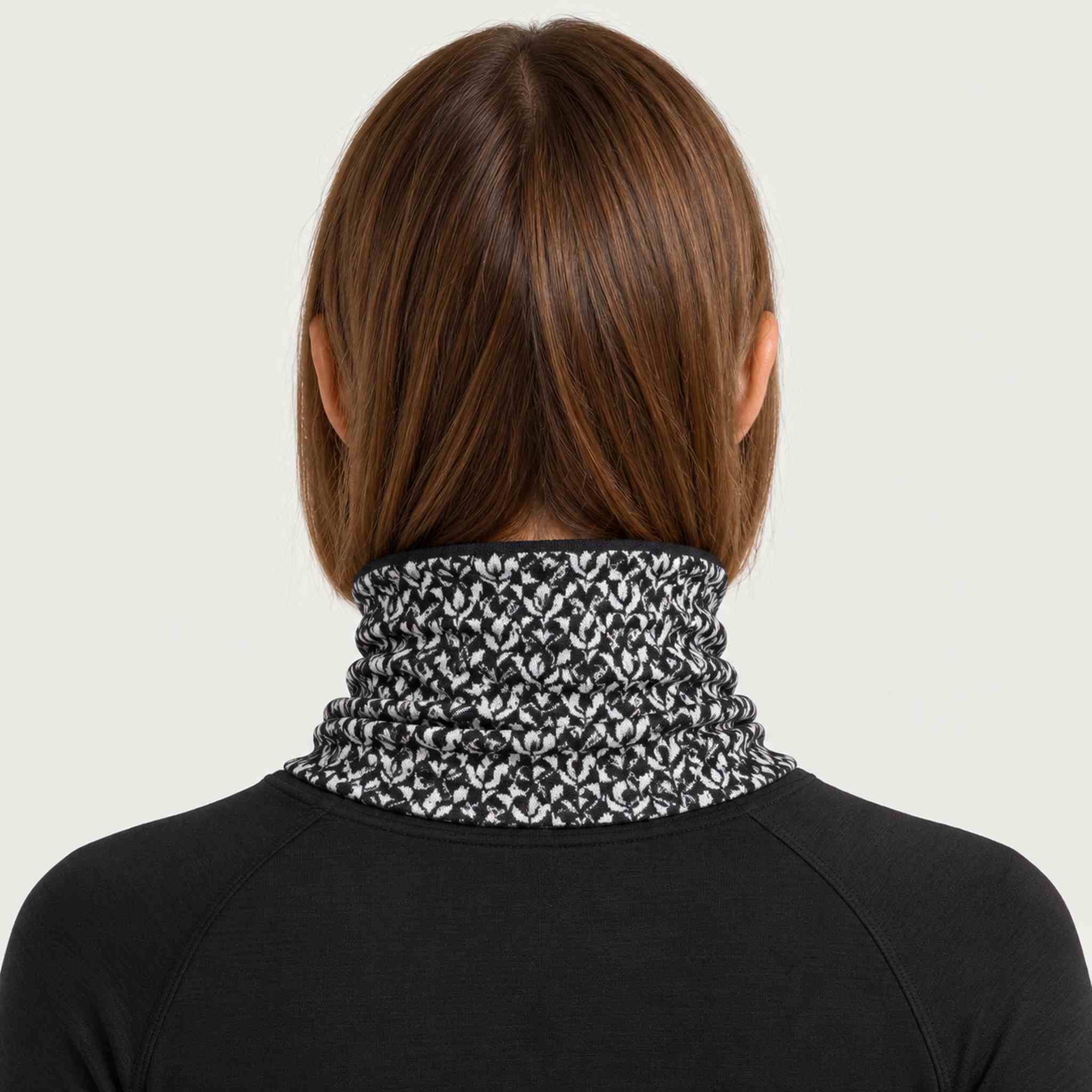 Newland unisex Tulip Neck Gaiter in Black/White - womens back. AI-generated from supplied artwork.