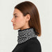 Newland unisex Tulip Neck Gaiter in Black/White - womens side. AI-generated from supplied artwork.