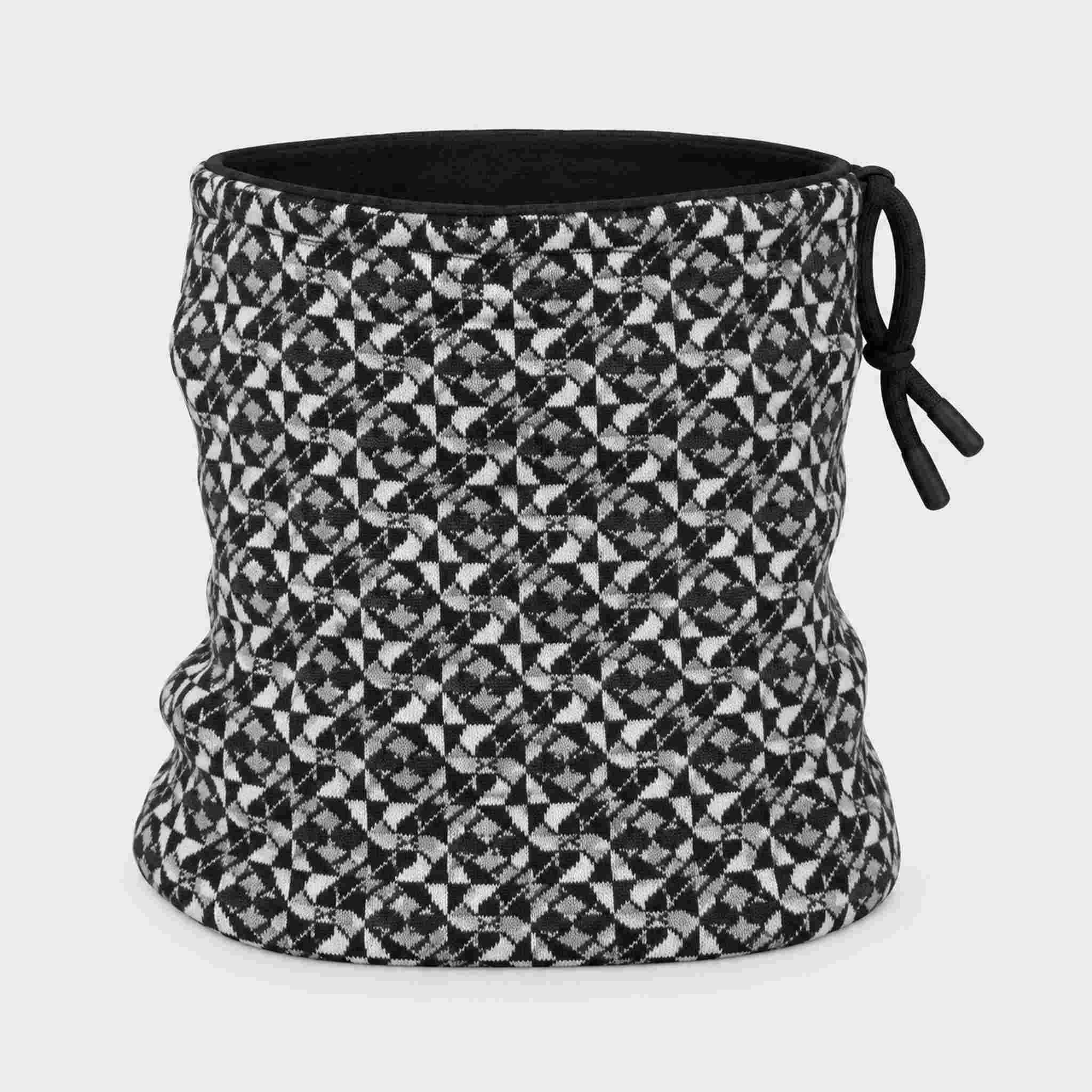 Newland unisex Tulip Neck Gaiter in Black/White - back. AI-generated from supplied artwork.