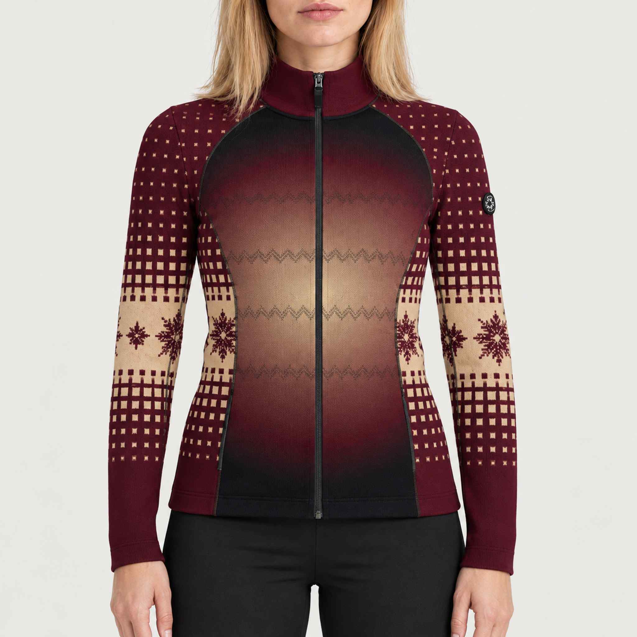 Newland womens Aetheris Padded Full Zip - model front. AI-generated from supplied artwork.