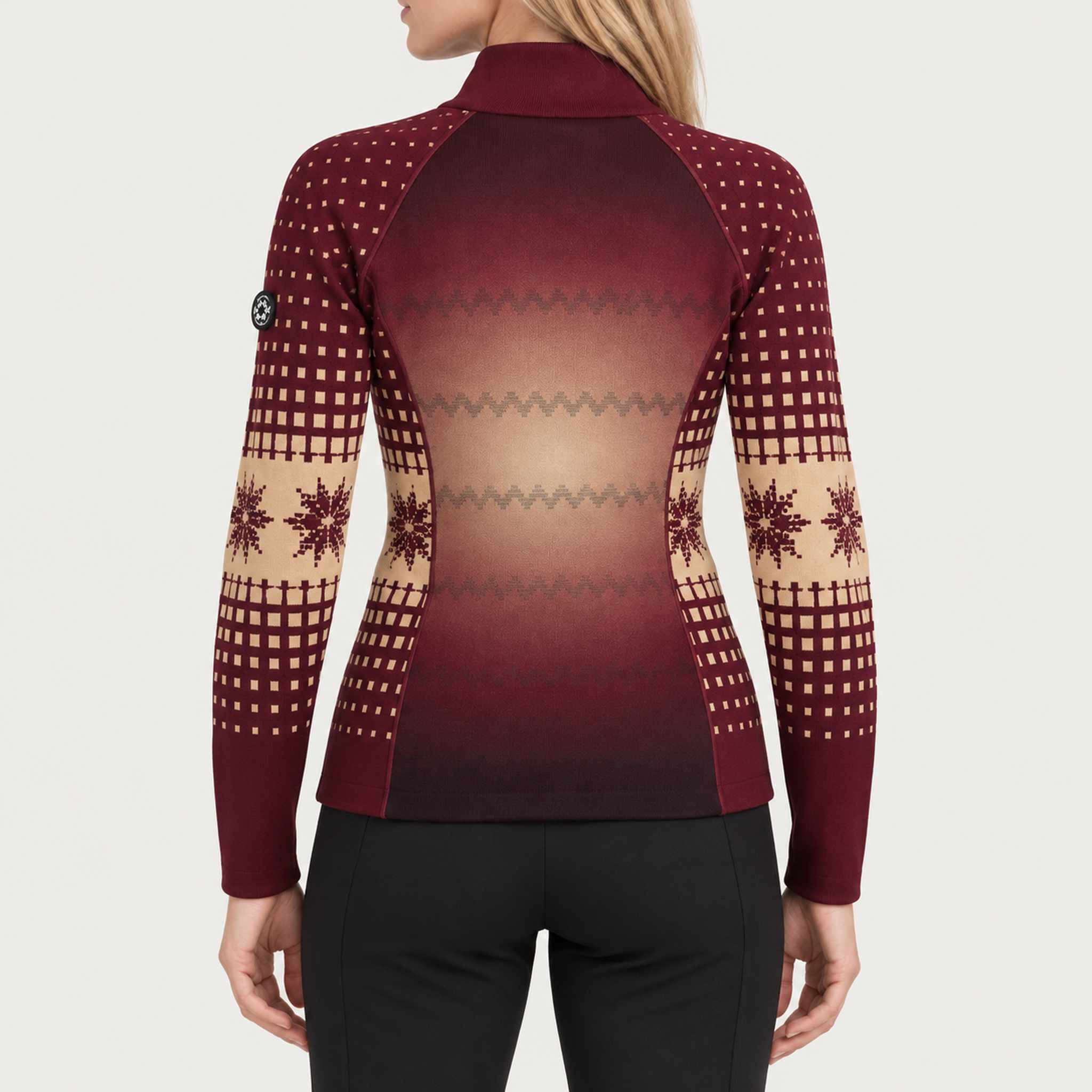 Newland womens Aetheris Padded Full Zip - model back. AI-generated from supplied artwork.