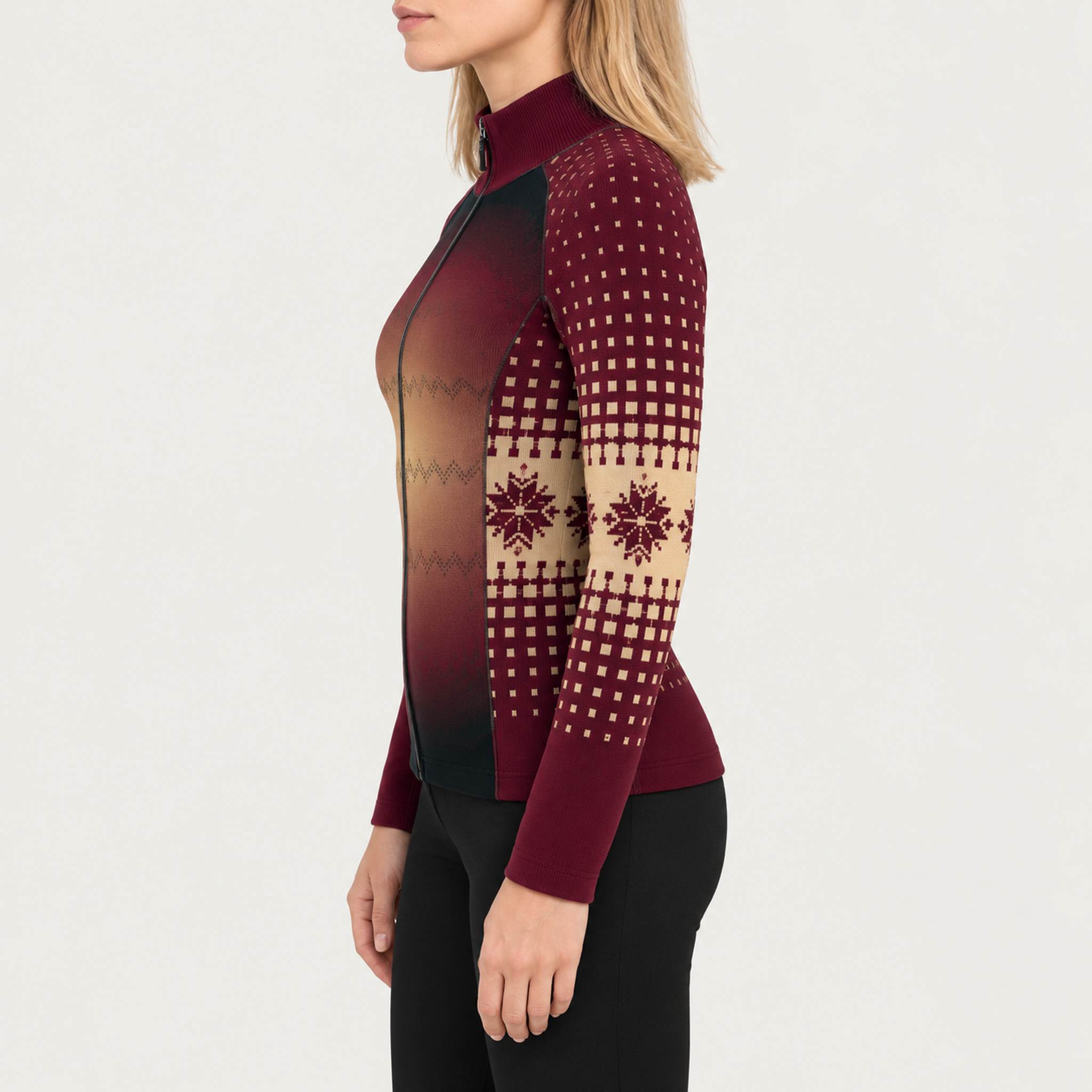 Newland womens Aetheris Padded Full Zip - model side. AI-generated from supplied artwork.