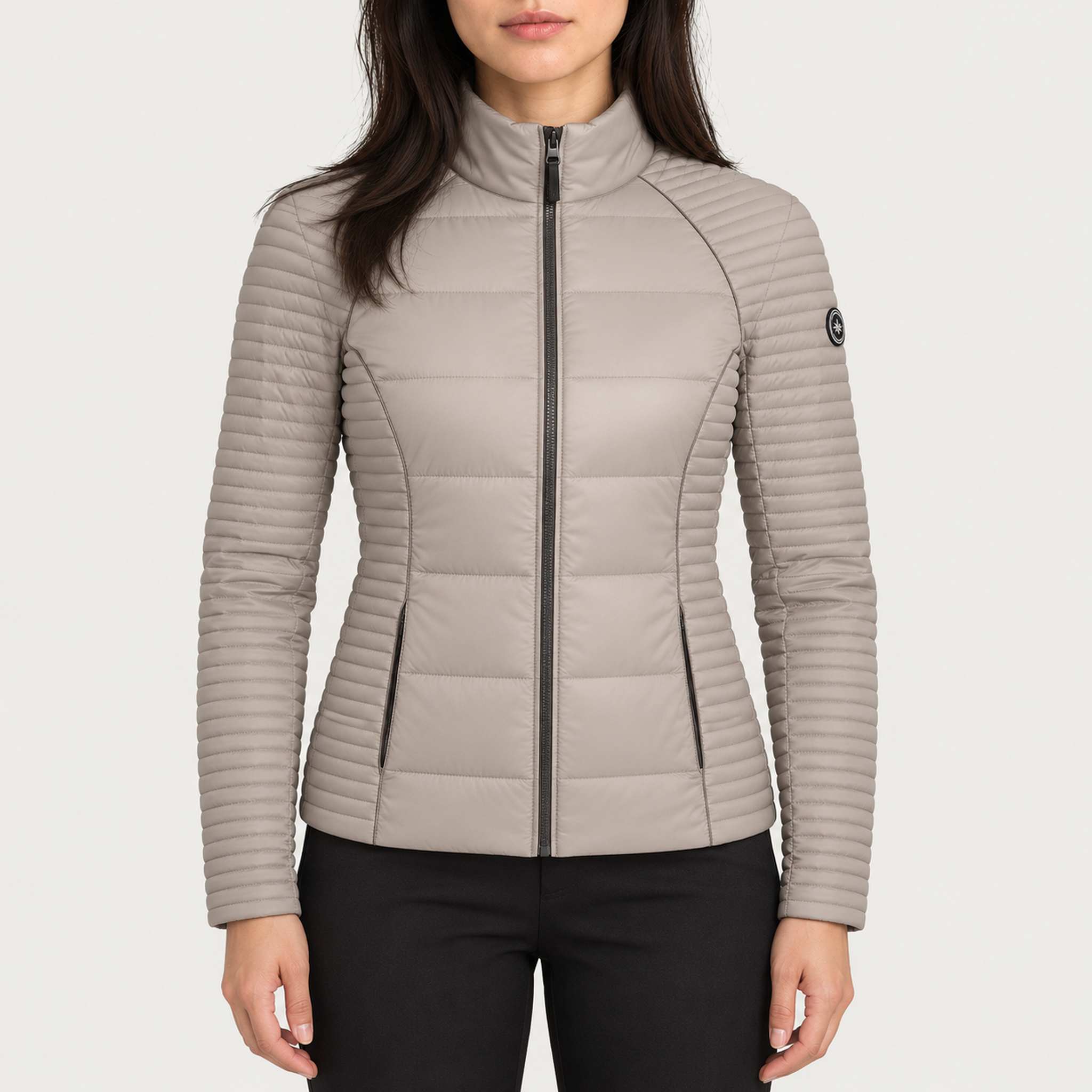 Newland womens Aitana Padded Full Zip in Stone - model front. AI-generated from supplied artwork.