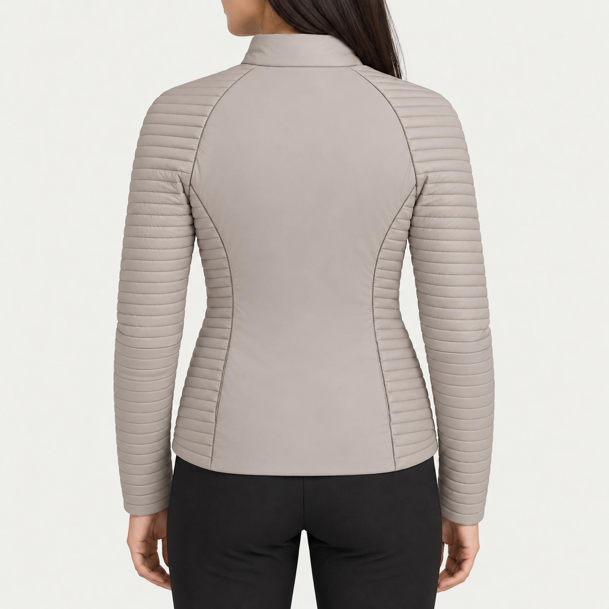 Newland womens Aitana Padded Full Zip in Stone - model back. AI-generated from supplied artwork.