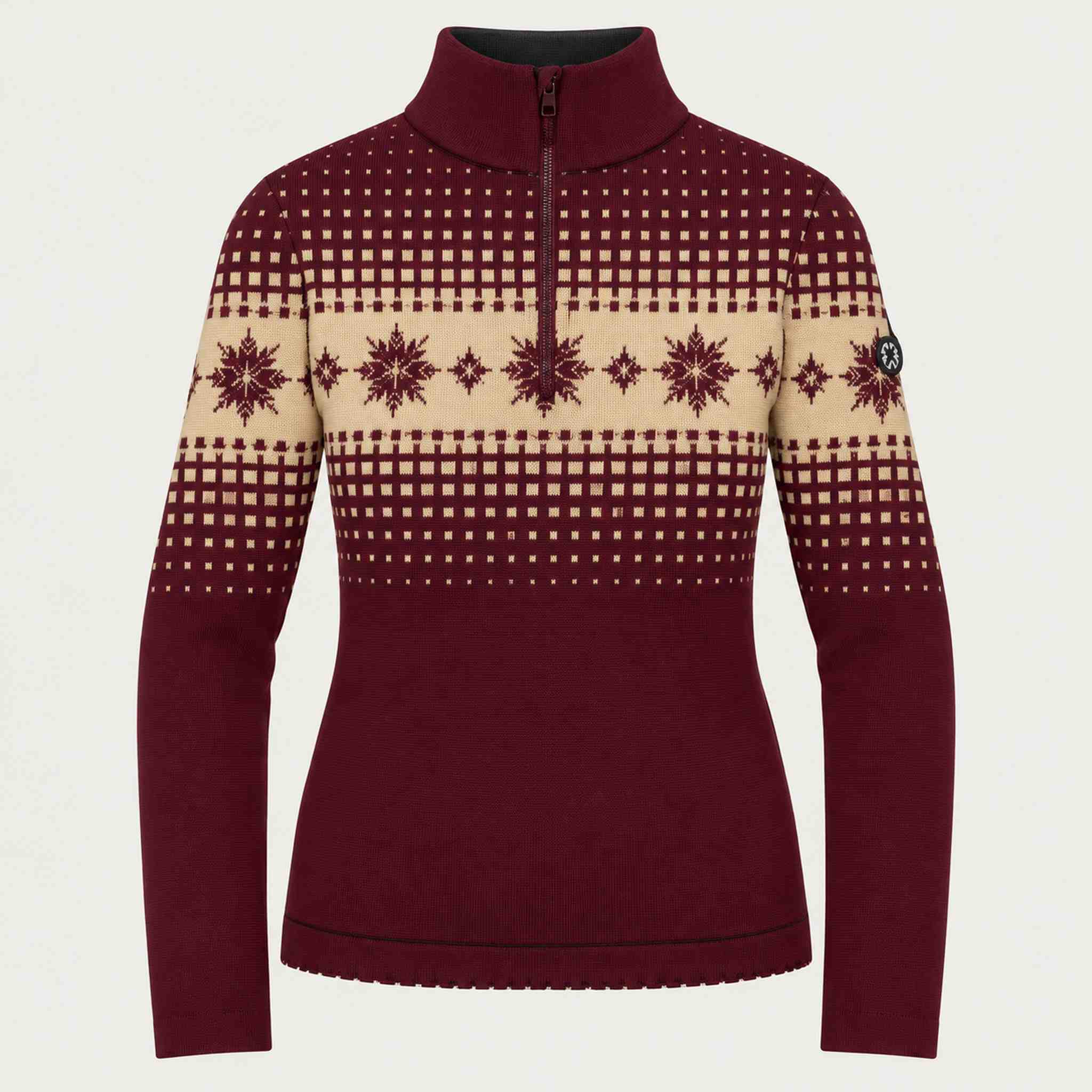 Newland womens Altaris Half Zip in Amarone - front. AI-generated from supplied artwork.